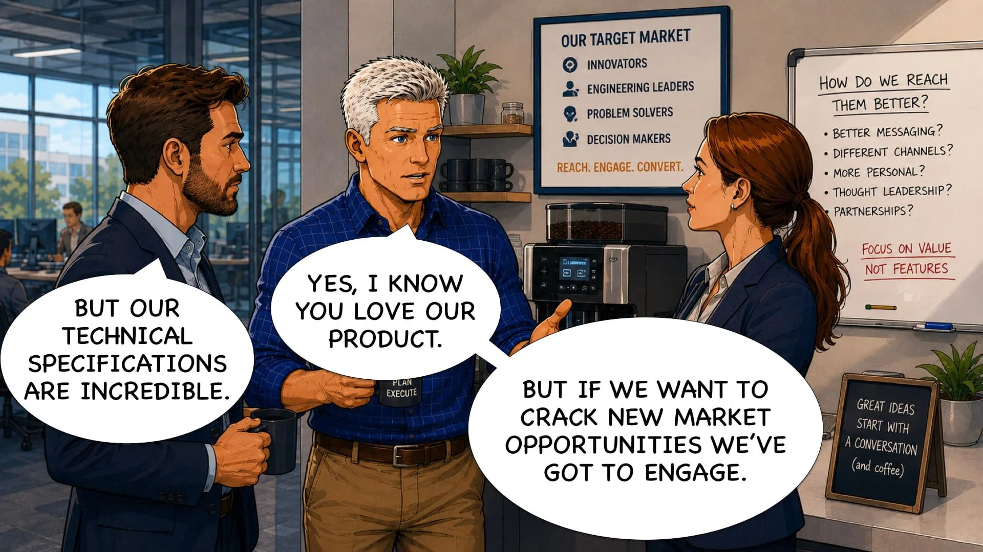 Three professionals having a discussion in an office kitchen. Two men and one woman are talking, with speech bubbles showing their conversation. One man has dark hair, another has gray hair, and the woman has red hair tied back. In the background, there is a whiteboard with notes, a coffee machine, and office windows.