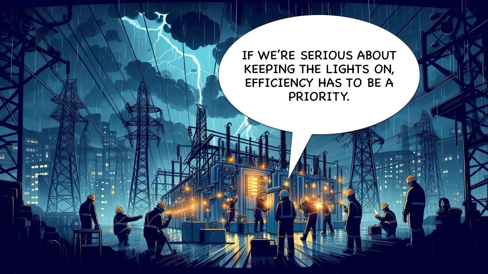 Workers repairing electrical equipment during a lightning storm at night, with dark clouds and lightning in the sky, and a speech bubble saying, 'If we're serious about keeping the lights on, efficiency has to be a priority.'