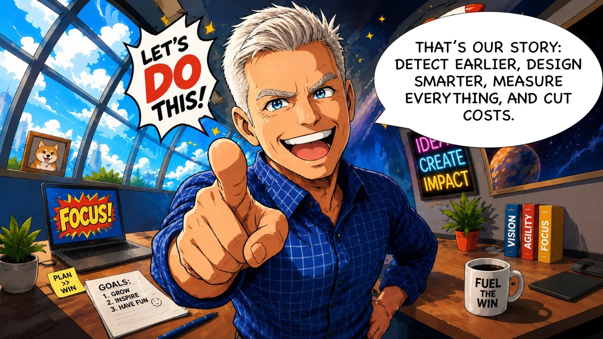 An illustrated man with gray hair, wearing a blue checkered shirt, points at the viewer with a confident smile in a colorful workspace. The background features a large window with outside clouds, a framed picture of a dog, and books titled 'VISION,' 'AGILITY,' and 'FOCUS.' On the desk are a laptop displaying 'FOCUS' in a colorful explosion, a notebook with goals written on it, a coffee mug labeled 'FUEL THE WIN,' and a small potted plant. Behind him, a neon sign reads 'IDEAS CREATE IMPACT,' and there are space-themed visuals including planets.