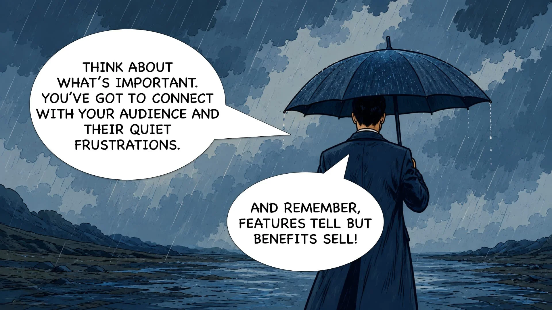A man standing in the rain holding a dark umbrella in a landscape with mountains and a cloudy sky, wearing a dark suit, with speech bubbles containing advice about connecting with an audience and the importance of features and benefits.