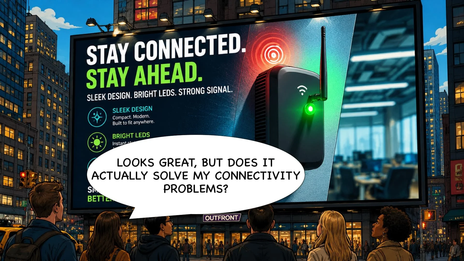 An outdoor digital billboard in a city shows an advertisement for a modern Wi-Fi device with the message "Stay connected. Stay ahead." There are several people standing in front of the billboard, and a speech bubble beside one person's head reads, "Looks great, but does it actually solve my connectivity problems?" The city background features tall buildings and a blue sky with clouds.