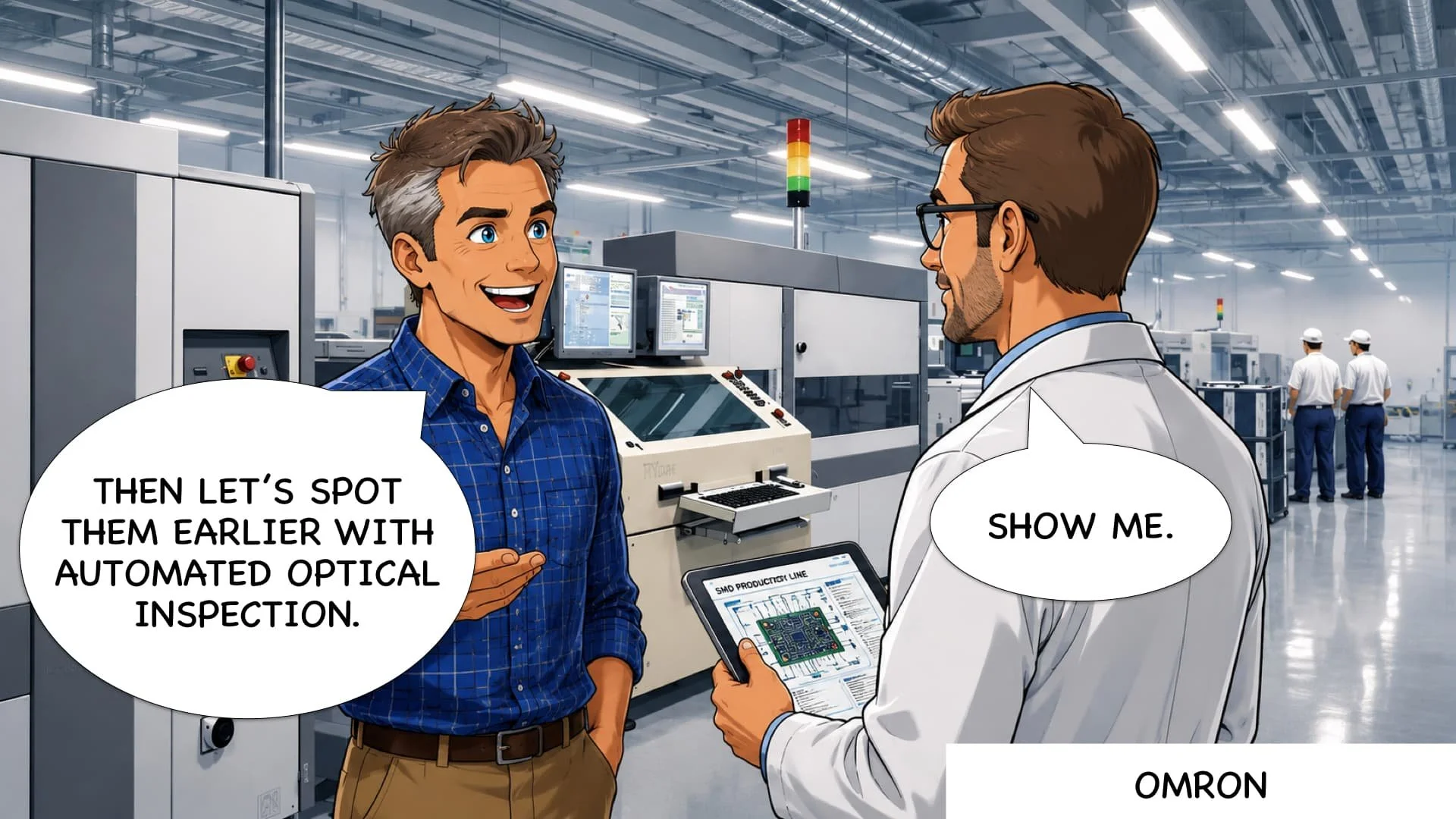 Two men in a manufacturing plant having a conversation about automated optical inspection. One man is holding a tablet with a circuit board diagram, the other points at it. There are machines and workers in the background.