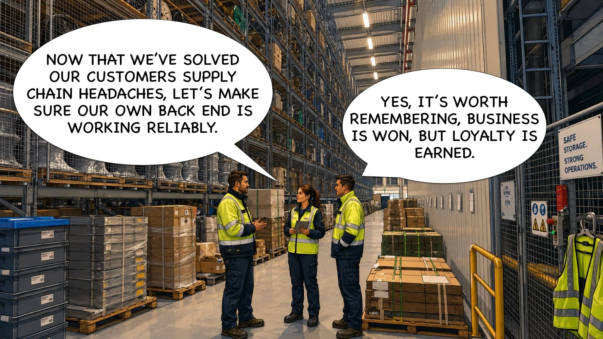 Three warehouse workers, two men and a woman, are standing in a large storage facility with shelves filled with boxes and packages. They are wearing yellow safety vests and are engaged in a conversation with speech bubbles. The man on the left says, "Now that we've solved our customers supply chain headaches, let's make sure our own back end is working reliably." The man on the right responds, "Yes, it's worth remembering, business is won, but loyalty is earned." The warehouse environment is well-lit, with signs indicating safety and operational instructions.