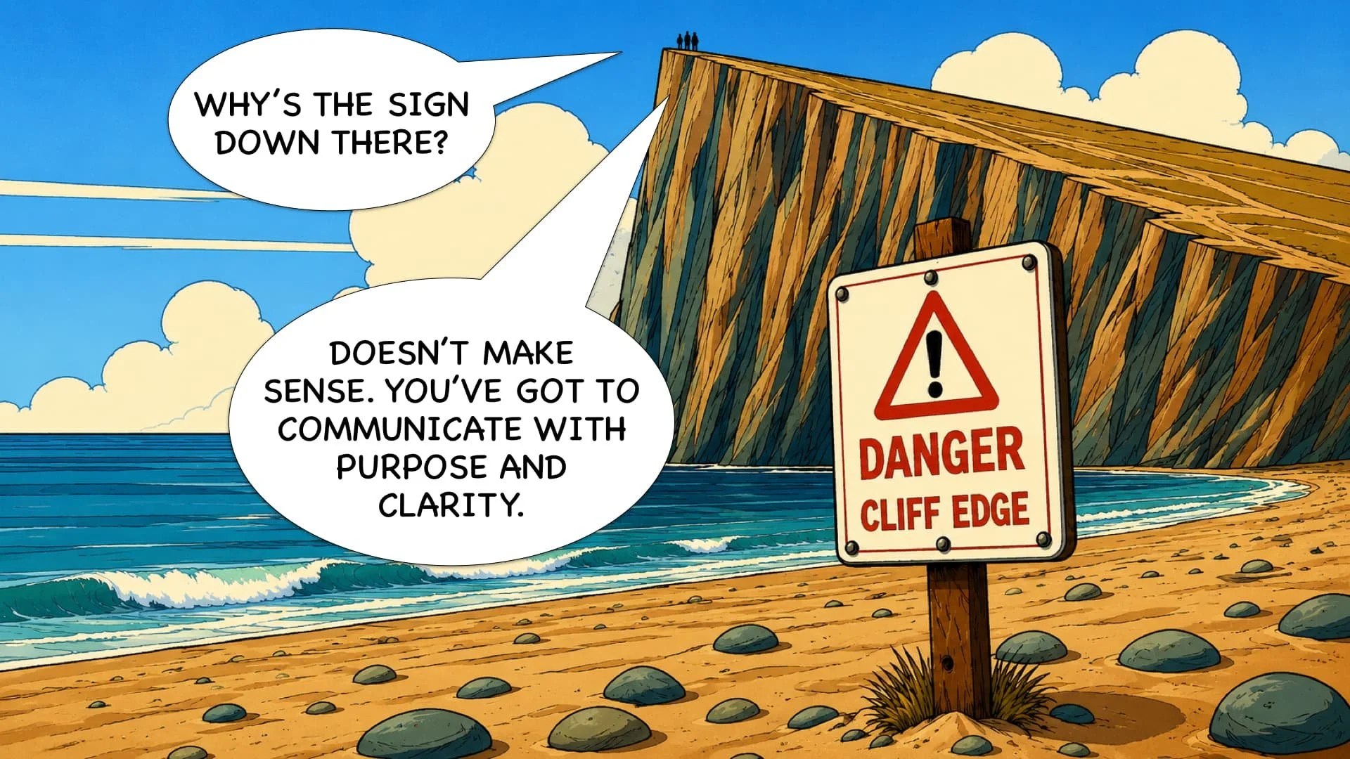 A cartoon image of a cliff with a warning sign that reads "Danger Cliff Edge" and two people standing at the top. One person questions why a sign is there, and the other responds that it doesn't make sense and that communication should be with purpose and clarity.