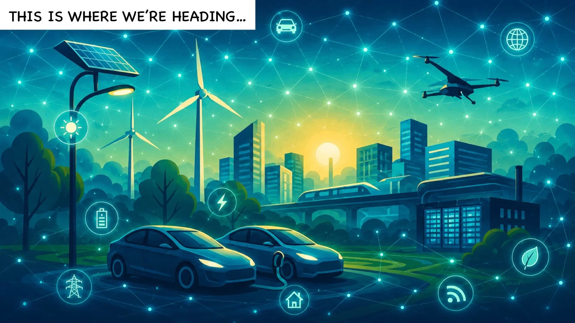 Illustration of a smart city with wind turbines, solar panels, connected buildings, cars, a drone, and various icons representing renewable energy, connectivity, and technology, with a sunset in the background. The text overlay says, 'This is where we're heading...'