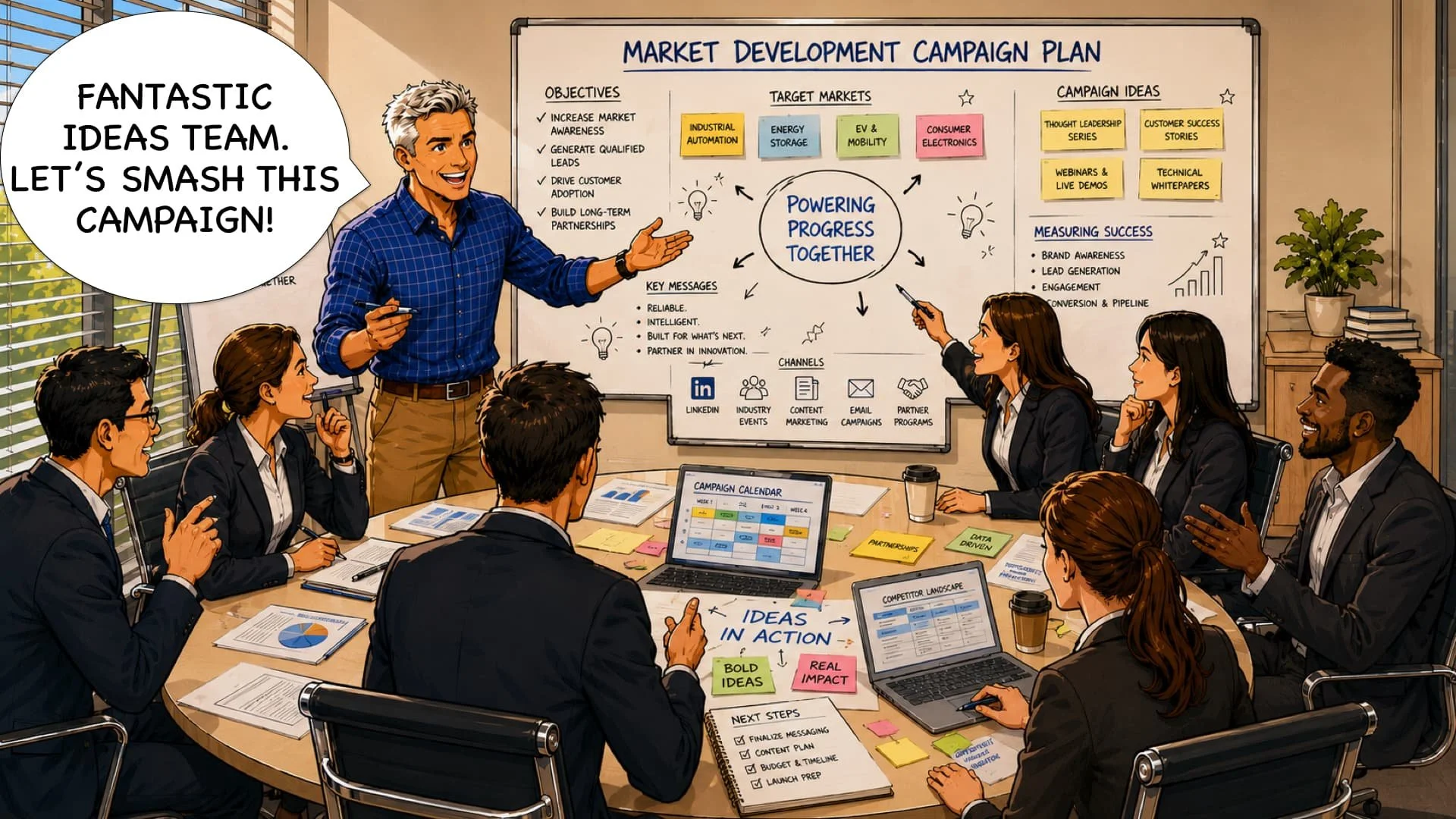 A diverse group of business professionals in a meeting room listening to a presenter. The presenter, a man with gray hair in a blue checkered shirt, points to a whiteboard titled 'Market Development Campaign Plan' with diagrams and notes. Participants are seated around a table with laptops, documents, and coffee cups, engaged in discussion.