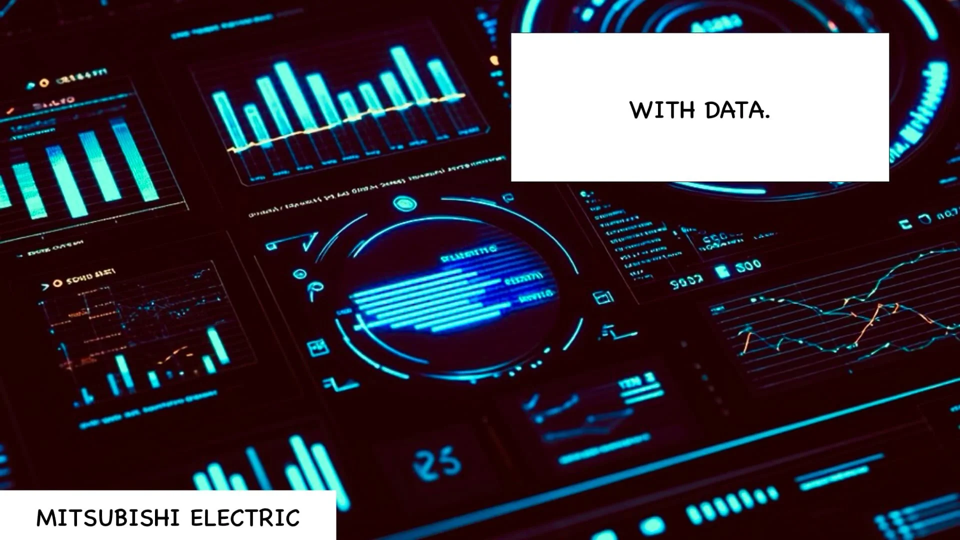 Digital interface with glowing blue charts, graphs, and data visualizations on a dark background, resembling a high-tech data dashboard.