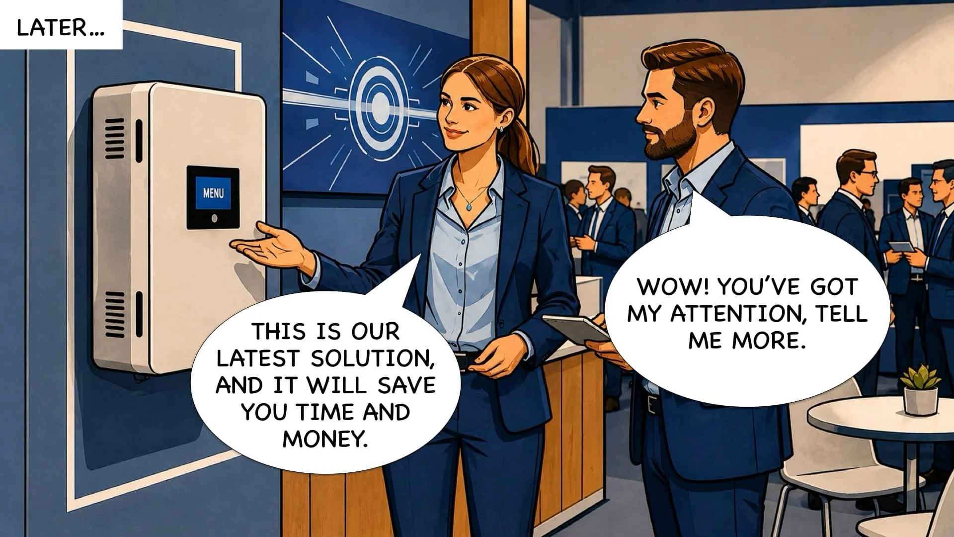 A cartoon illustration of two businesspeople in a corporate setting, engaging in conversation about a technological solution. The woman is explaining a device with a screen labeled 'MENU', while the man listens and responds with admiration. There are many other business professionals in the background.
