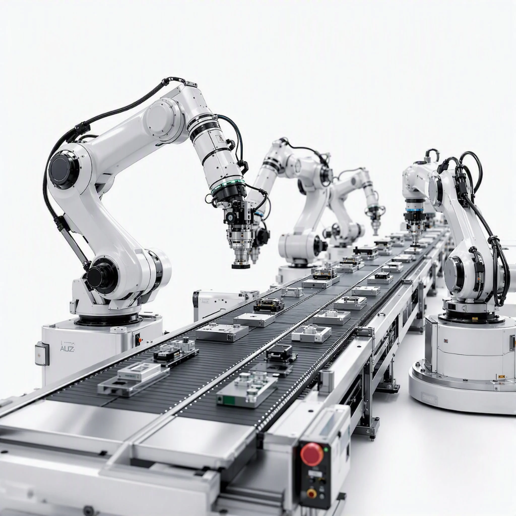 Series of white robotic arms working on a production line in a bright, minimalistic environment.