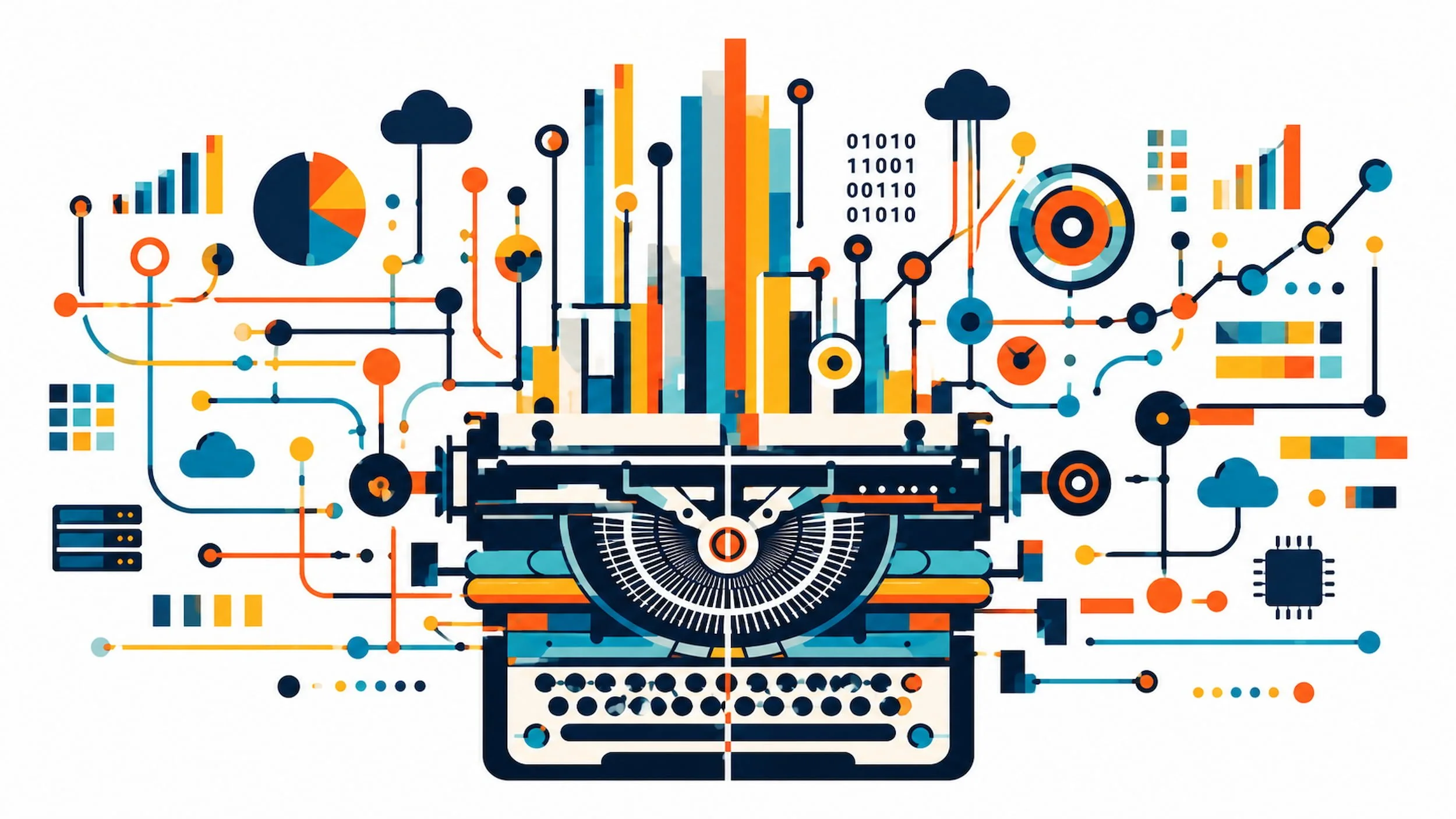 Illustration of a typewriter with various charts, graphs, and digital icons arranged around it, representing data and technology.