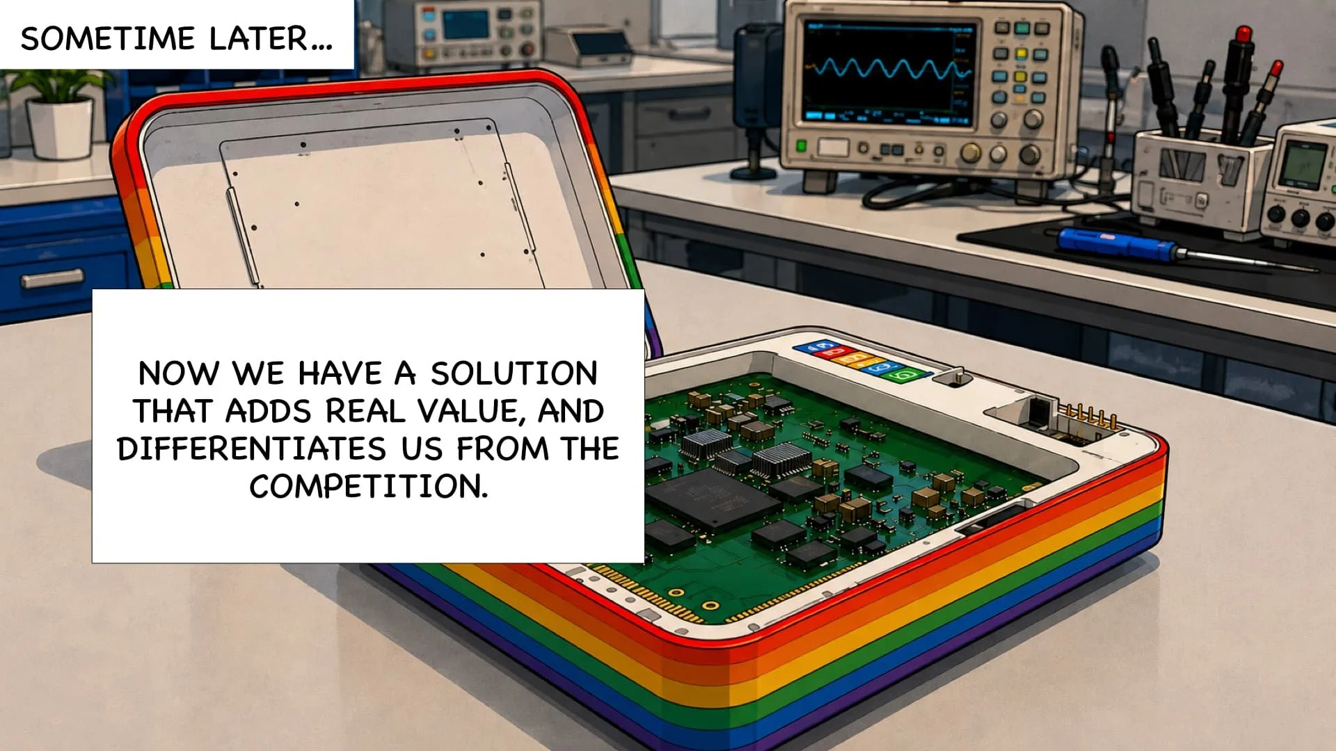 A colorful open electronic device with a circuit board inside, placed on a white workbench in a lab setting. Reflection of rainbow-colored stripes surrounds the device. In the background, there are multiple oscilloscopes and electronic testing equipment. Text in the image reads, 'Sometime later... now we have a solution that adds real value, and differentiates us from the competition.'