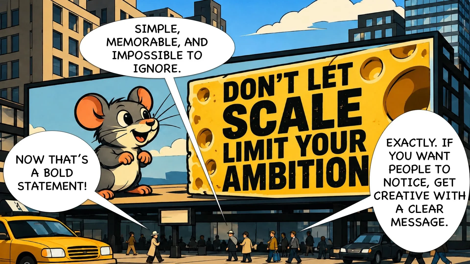 A cartoon illustration of a city street scene with people walking and cars passing by. In the background, there are tall buildings and a large billboard that reads 'Don't Let Scale Limit Your Ambition'. A cute cartoon mouse character is standing on top of a building, giving a speech bubble that says, 'Simple, memorable, and impossible to ignore.' Another speech bubble near the mouse reads, 'Now that's a bold statement!'