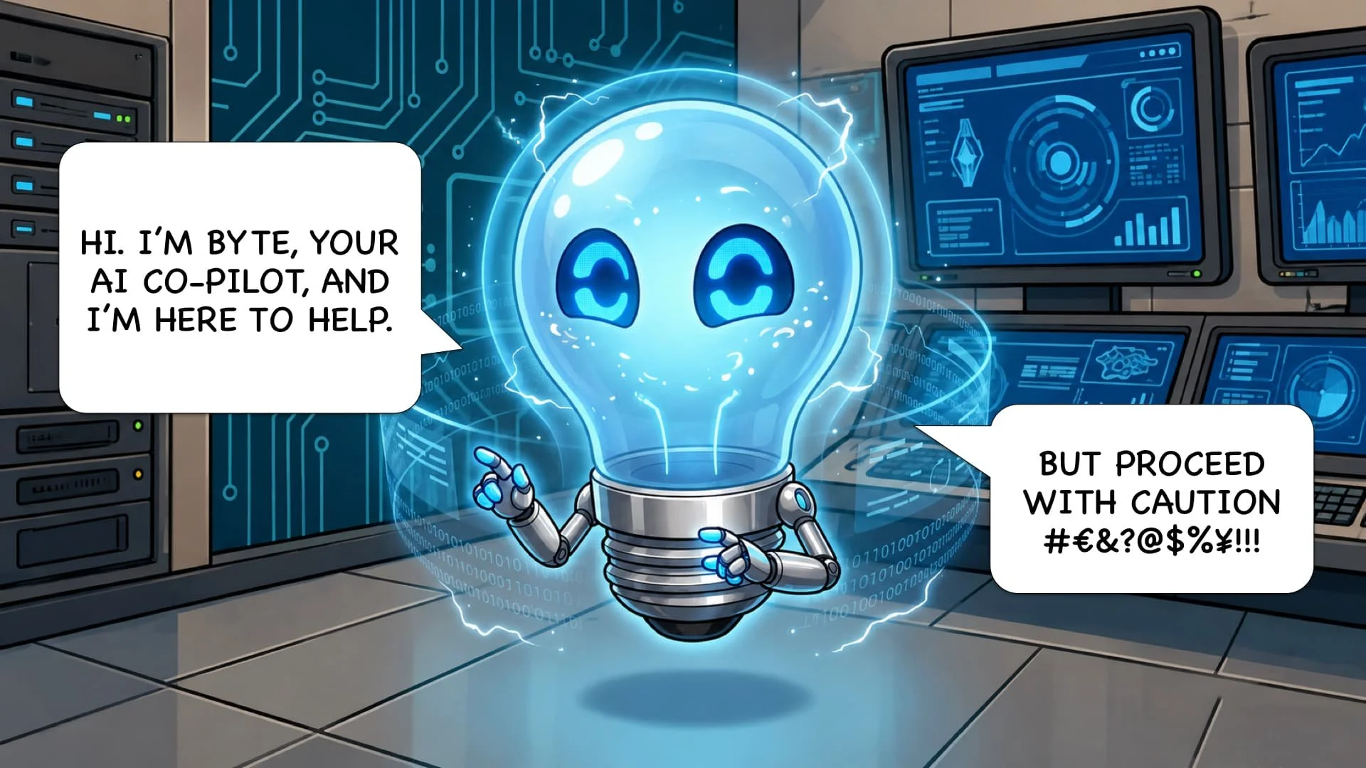 A digital illustration of a robot with a lightbulb-shaped head, glowing with electricity, standing in a high-tech control room with multiple computer screens displaying data and graphs. The robot has speech bubbles; one says, "Hi. I'm Byte, your AI co-pilot, and I'm here to help." and the other says, "But proceed with caution #€&?@$%#!".