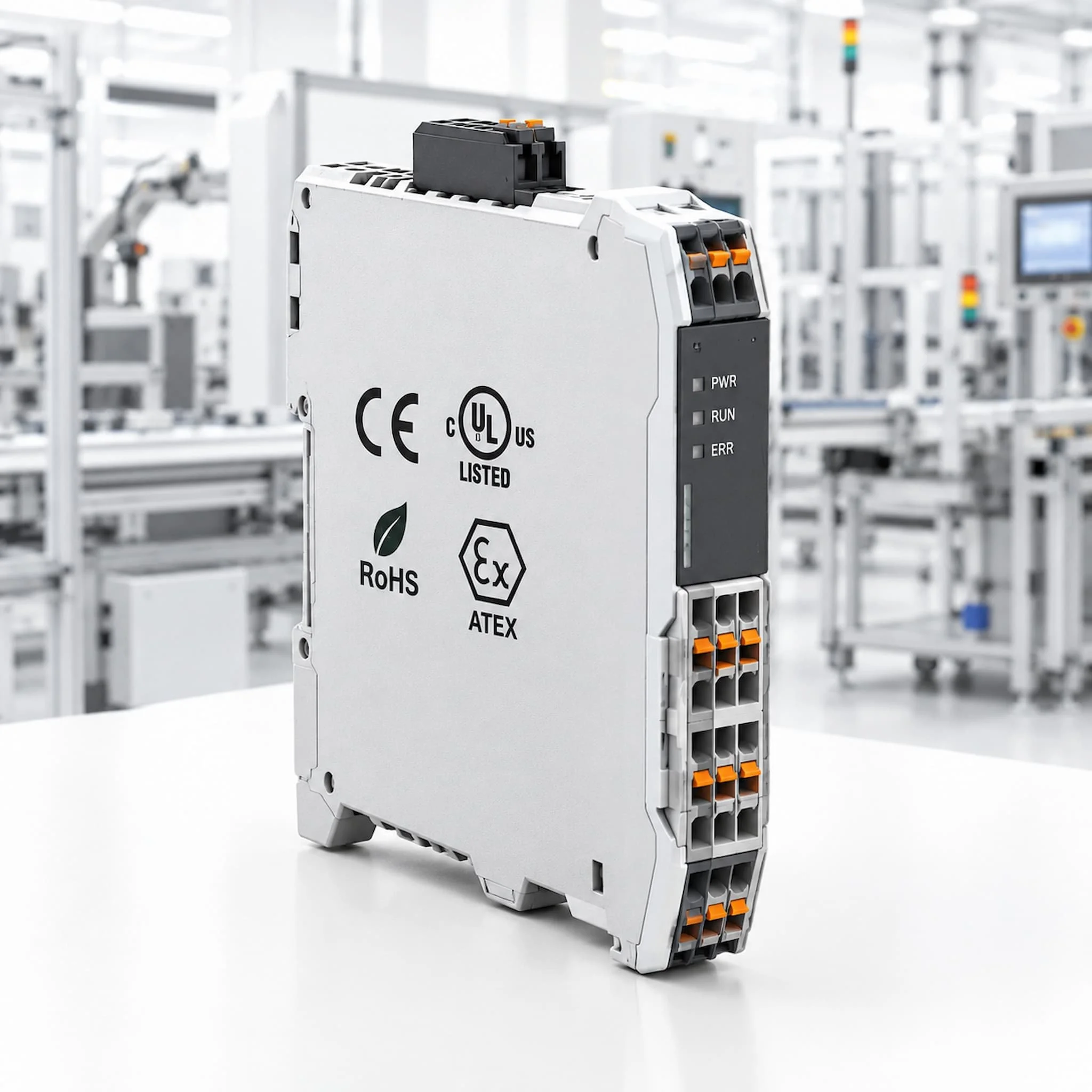 A close-up of a white industrial device with various certification labels, mounted in a large facility with many similar machines in the background.