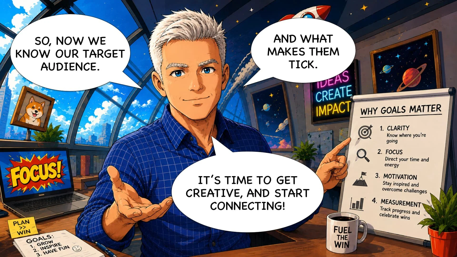Illustration of a man with grey hair in a blue checkered shirt standing in a space-themed office or classroom, holding a whiteboard titled "Why Goals Matter" that lists four points: Clarity, Focus, Motivation, and Measurement. He is smiling and gesturing with one hand. Behind him, the window shows a sky with clouds and a city skyline. The room is decorated with space-themed posters, including planets and stars. There's a laptop with a colorful "Focus" graphic and a coffee mug that says "Fuel the Win." A small dog picture is also visible on one wall.