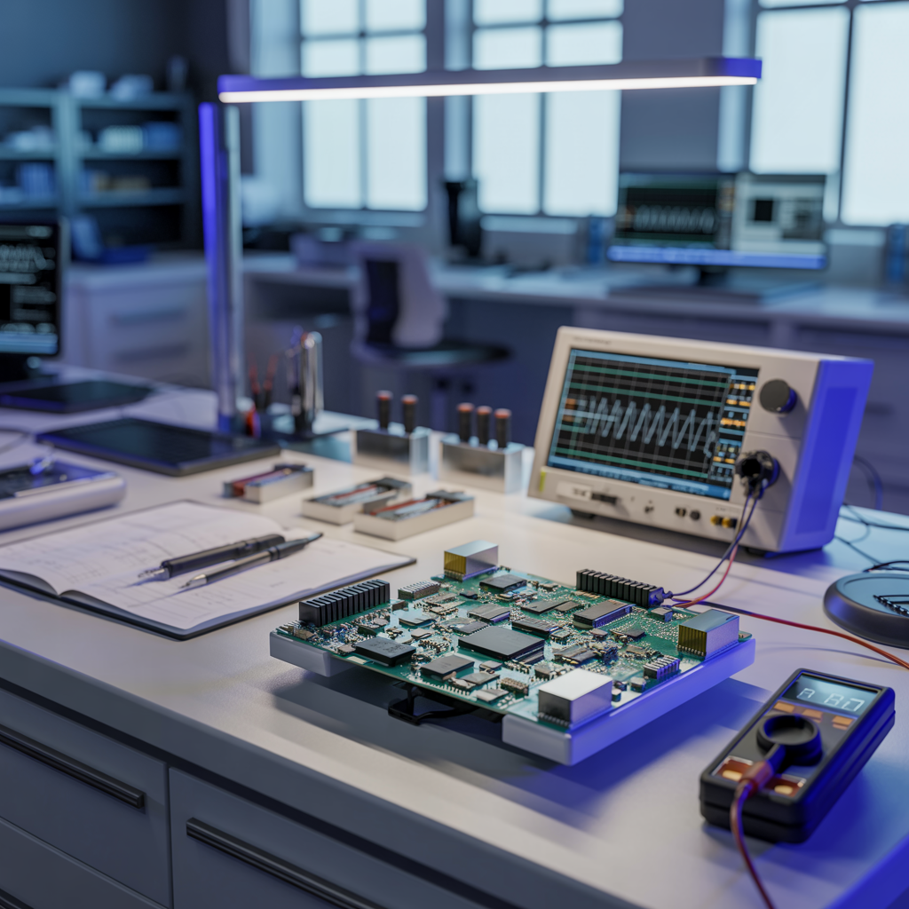 Electronics Laboratory with a prototype device and test equipment on a bench