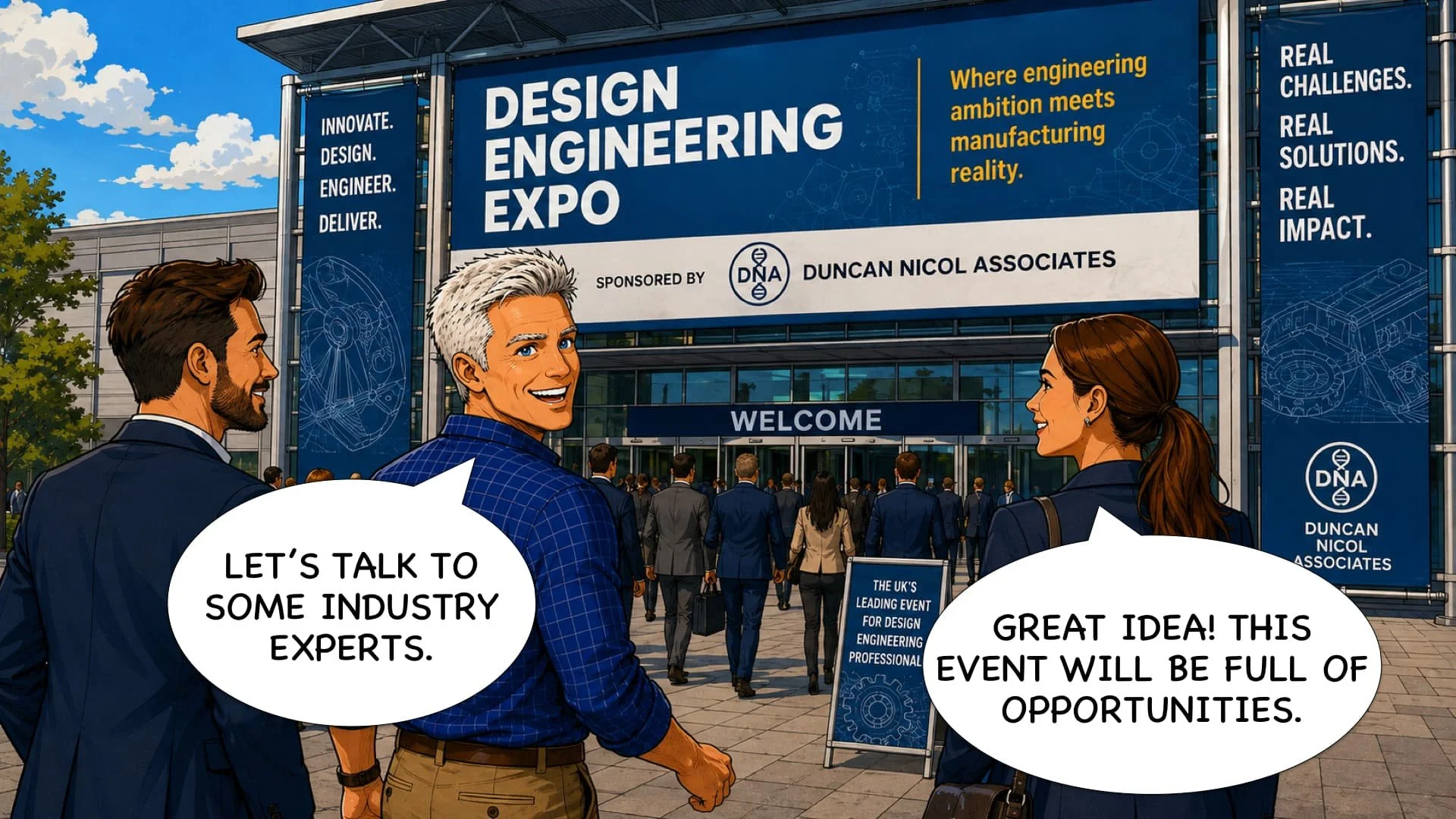 People attending a design engineering expo outside a modern building with large banners promoting innovation, engineering, and manufacturing, with the crowd engaged in conversations.
