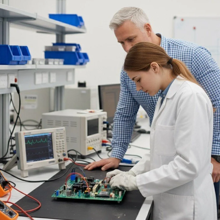 Electronics Engineer showing protype PCB to sales engineer