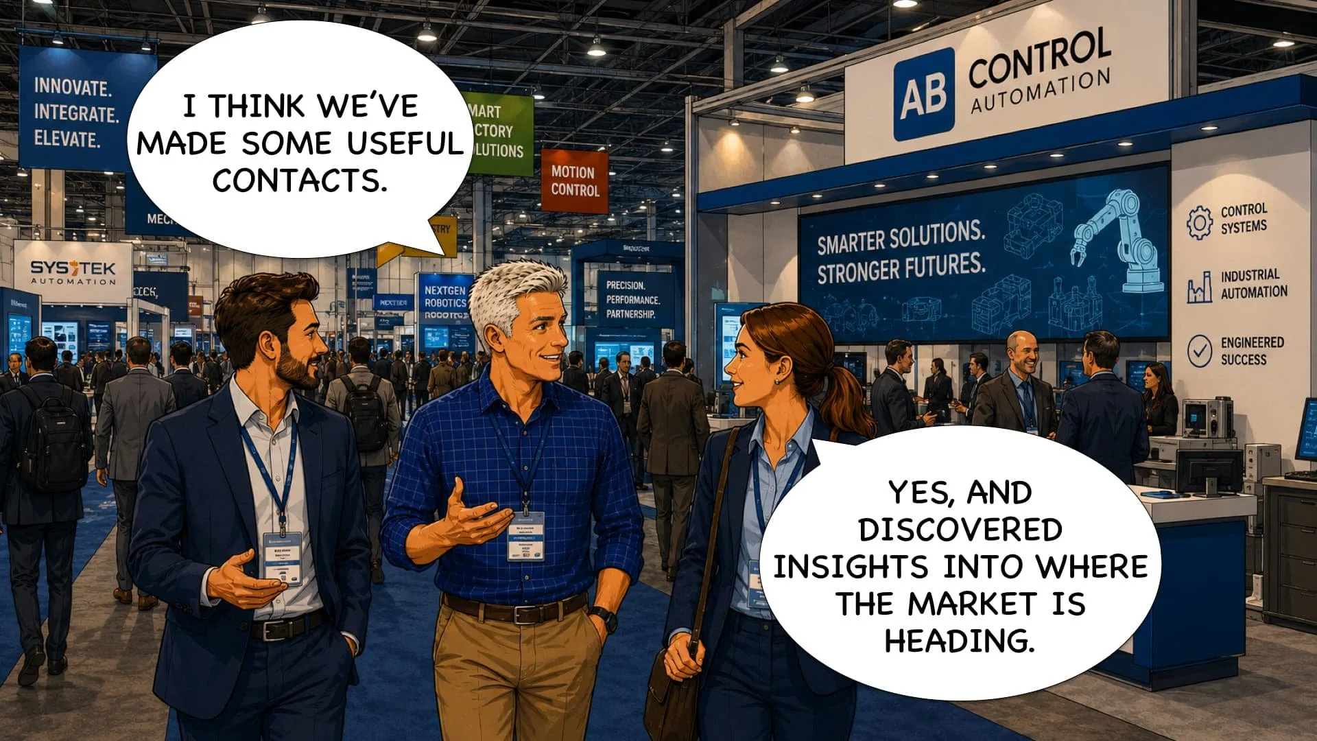 Three people engaged in conversation at a trade show, with one saying, 'I think we've made some useful contacts,' and another replying, 'Yes, and discovered insights into where the market is heading.' The background features booths and signs for automation companies.