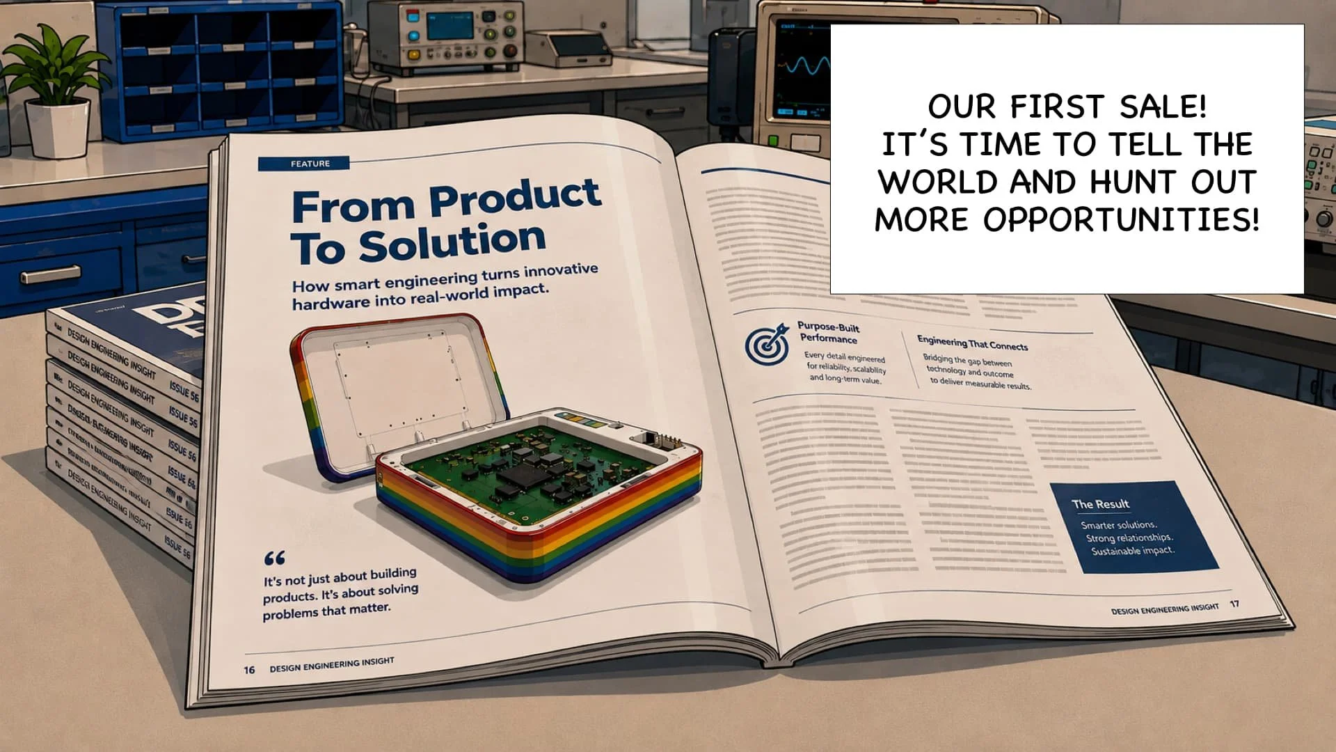 Open magazine on engineering innovation with a colorful microchip device on display and a speech bubble announcing a sale and opportunities, set on a workbench in a technical lab with electronic equipment and a plant in a white pot.