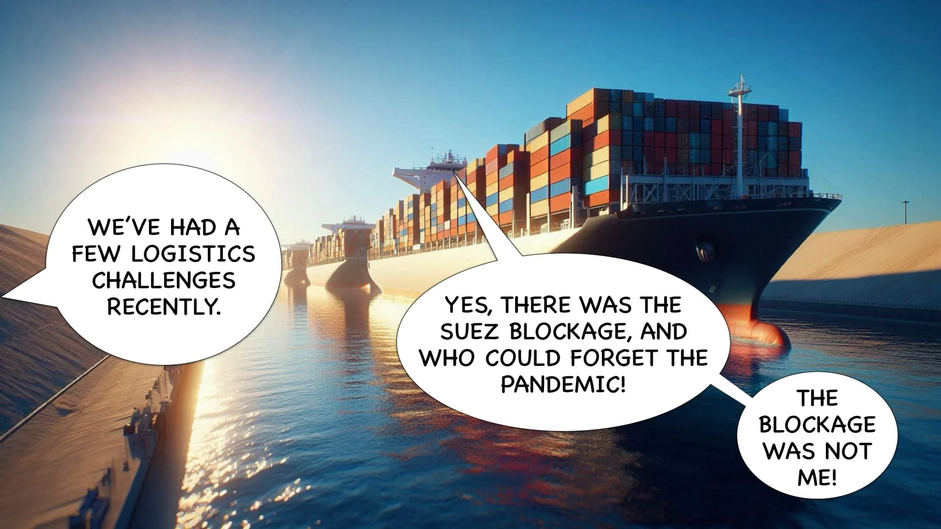 A large cargo ship filled with containers moving through a canal or lock system with speech bubbles discussing logistics challenges.