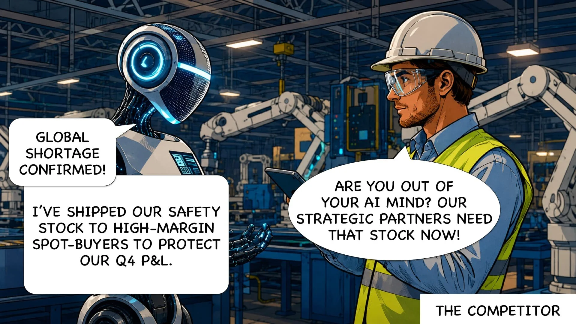 A robot and a factory worker in a factory setting, having a conversation. The robot has a glowing blue circular face and a sleek, futuristic design. The worker is wearing a safety helmet, glasses, and a high-visibility vest. The background features industrial machinery and robotic arms. The robot says, 'Global shortage confirmed! I've shipped our safety stock to high-margin spot-buyers to protect our Q4 P&L.' The worker responds, 'Are you out of your AI mind? Our strategic partners need that stock now!'