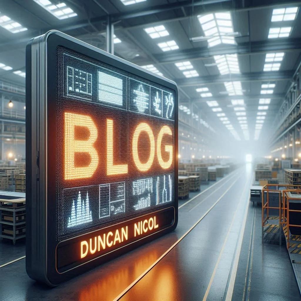 Large HMI with the words BLOG and Duncan Nicol in the foreground of a factory setting