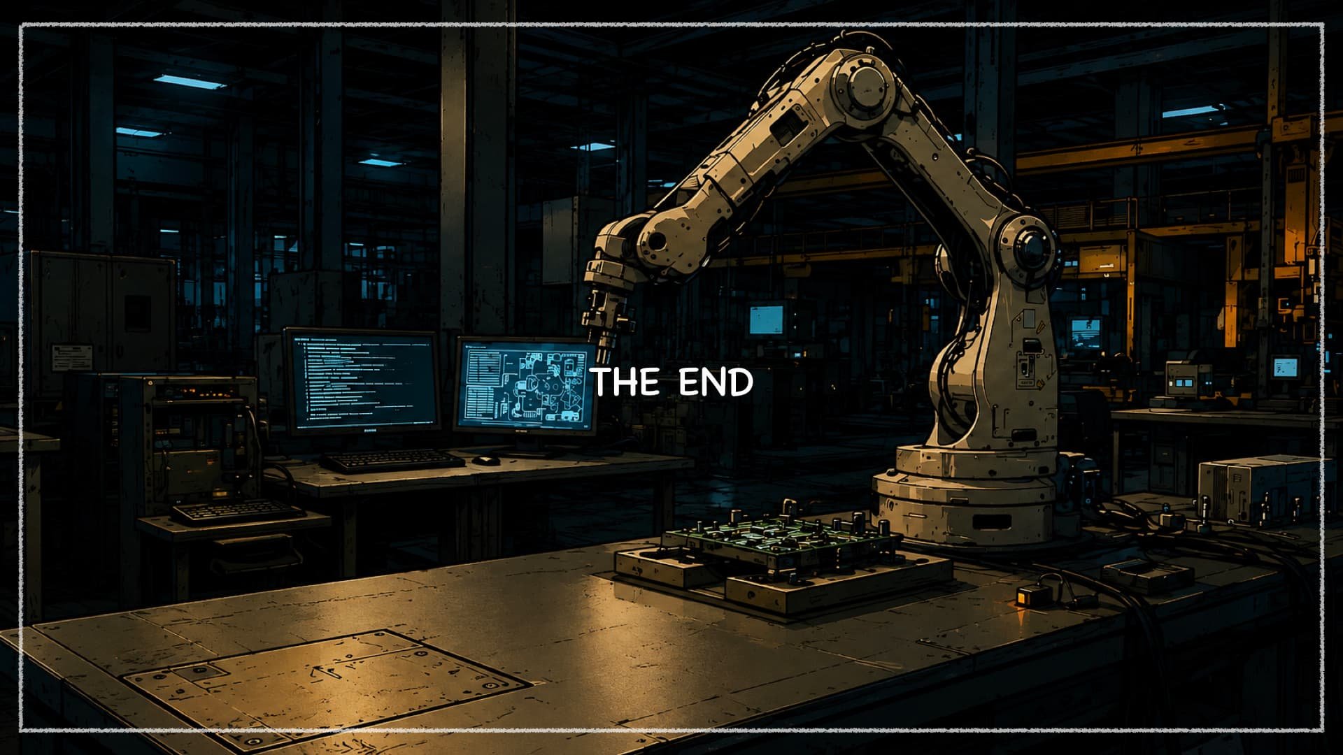 A robotic arm working in a high tech manufacturing or research facility, with multiple computer screens displaying data and schematics, and the text 'The End' overlayed in the center.