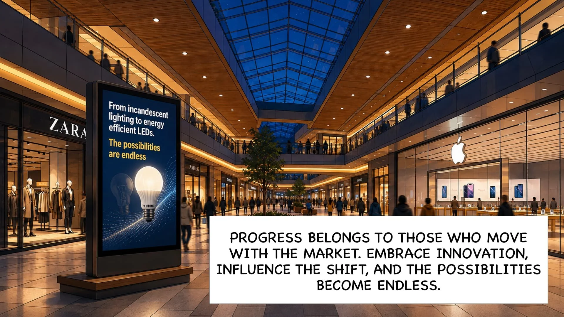 Interior view of a shopping mall with multiple levels and stores including Zara and Apple, with shoppers walking and a large digital signboard displaying text about energy-efficient lighting and endless possibilities.