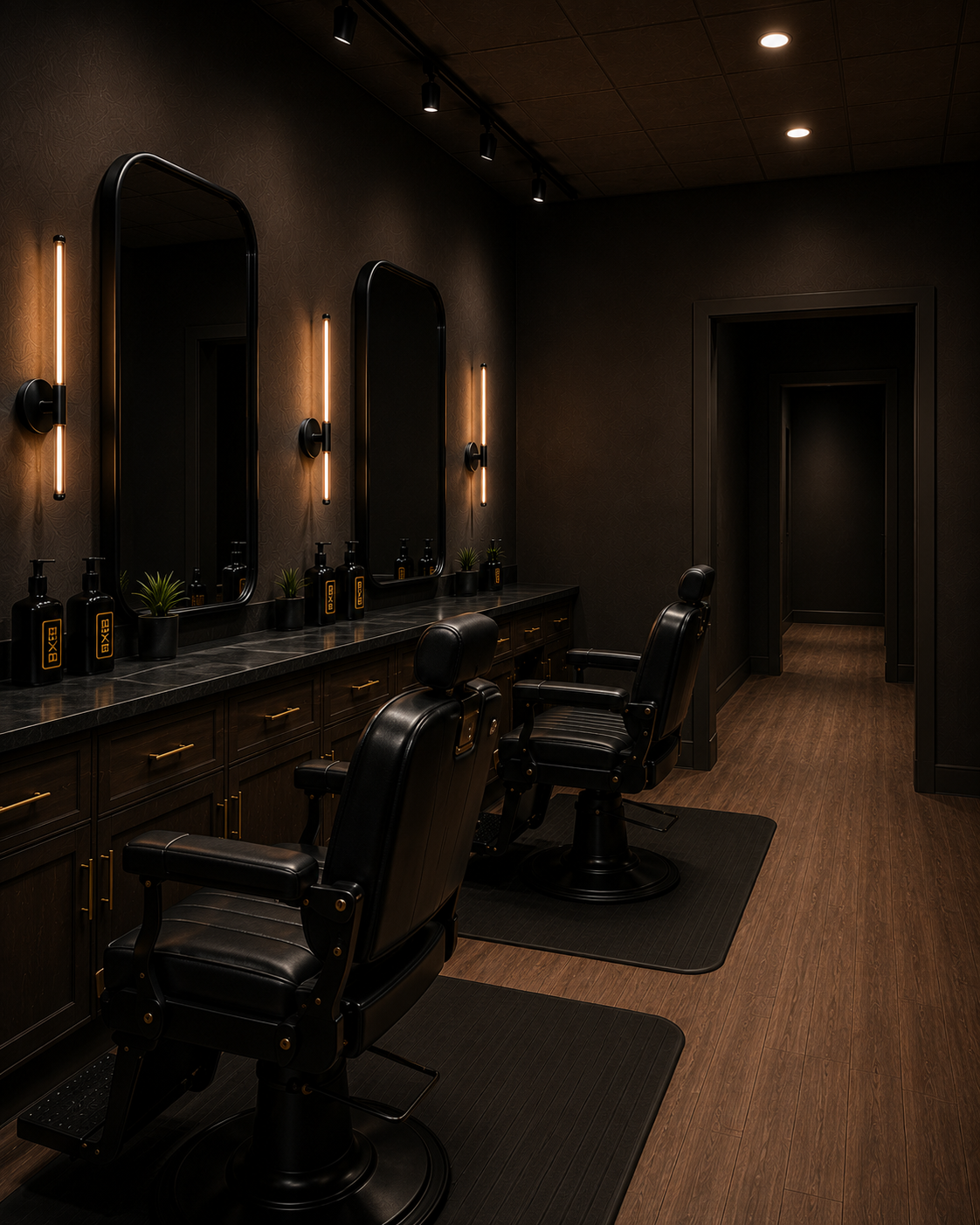 Stylish barber chairs facing a black counter with two mirrors, bottles, and small plants in a modern barbershop with dark walls and warm lighting.