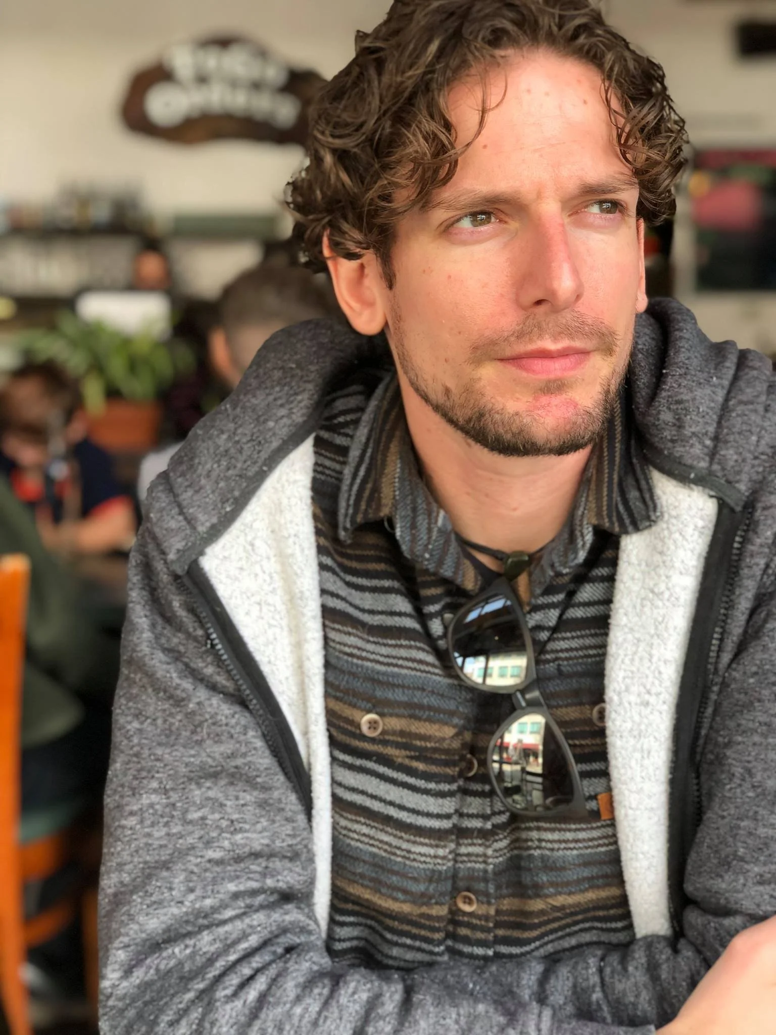 A young man with curly brown hair, light facial hair, and hazel eyes looking outside, sitting indoors at a table with a blurred background of people, shelves, and decorations.