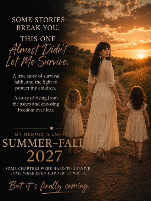 A woman holding hands with two young girls, walking on a dirt path at sunset in a rural landscape with trees and rolling hills.