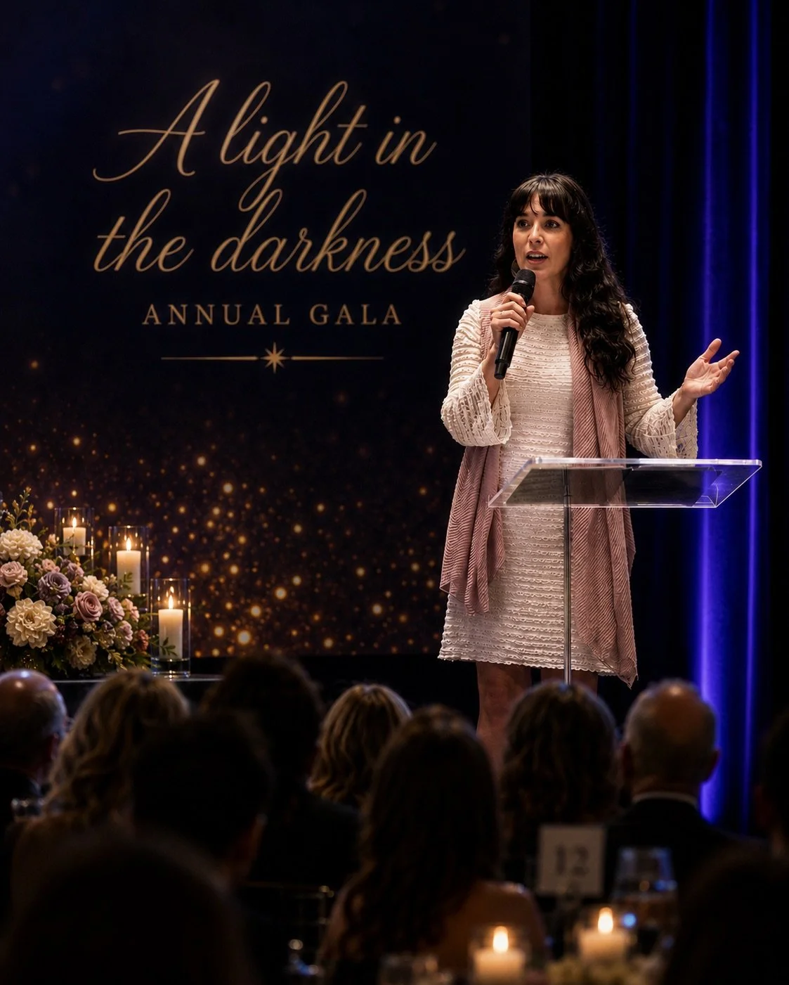 Woman speaking at a podium during the 'A Light in the Darkness' annual gala, with a dark backdrop and floral arrangement with candles in the foreground.