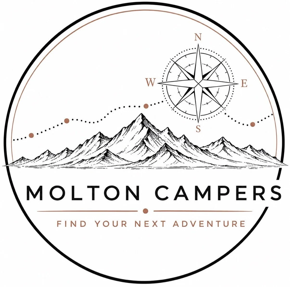 Logo for Molton Campers featuring mountain range and a compass rose with the slogan 'Find Your Next Adventure'.