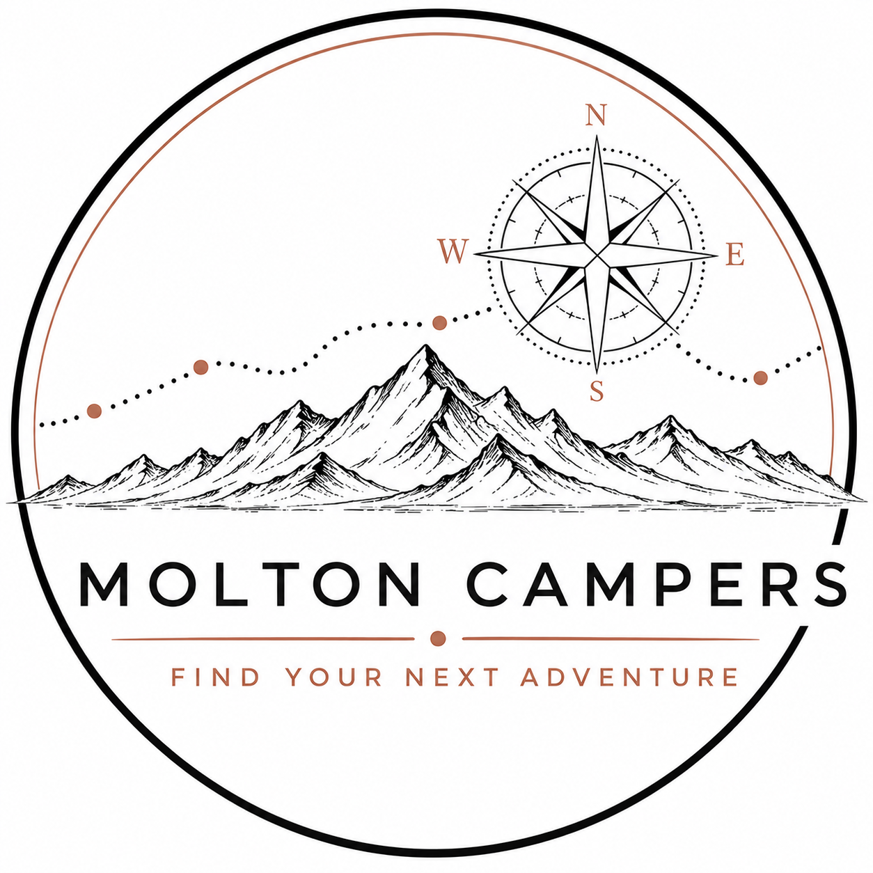 A circular logo for Molton Campers featuring a mountain range, a compass rose, and the text "Molton Campers" with the tagline "Find Your Next Adventure".