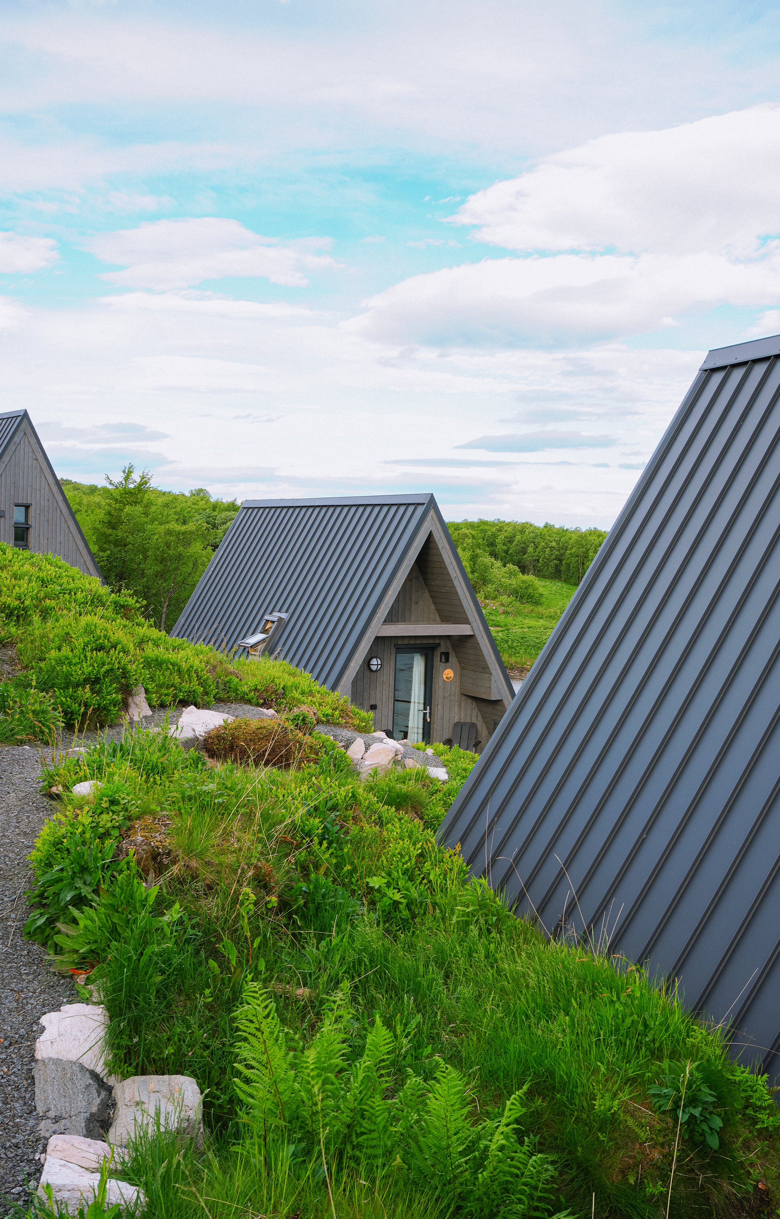 Row of modern A-frame houses with gray metal roofs, surrounded by lush green foliage and plants, under a partly cloudy sky.