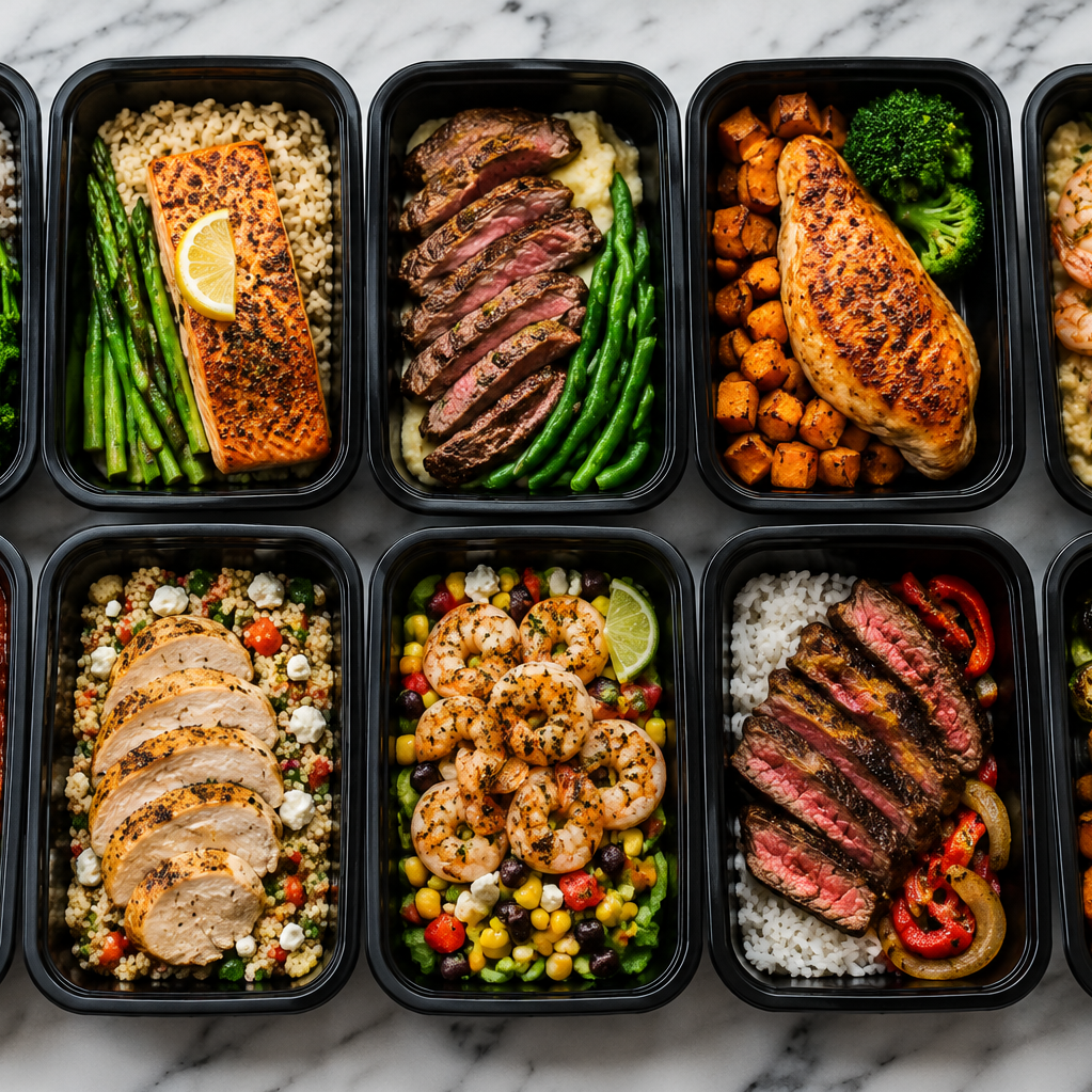 Meal prep containers with salmon, steak, chicken breast, shrimp, and roasted vegetables served with rice or quinoa.