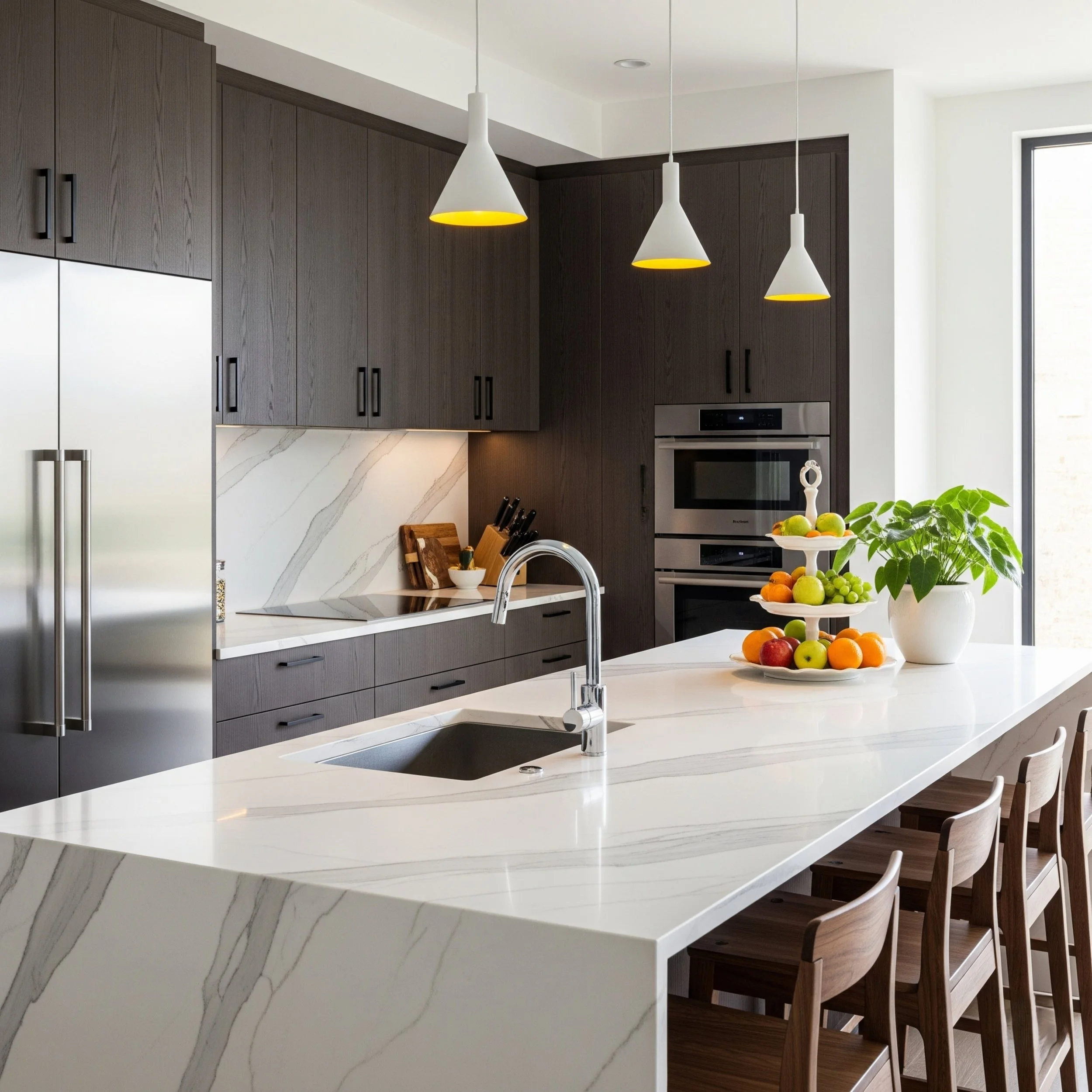 Modern kitchen with dark wood cabinets, white marble island with gray veins, and three white pendant lights with yellow interiors above the island. A bowl of assorted fruits and a potted plant are on the island.