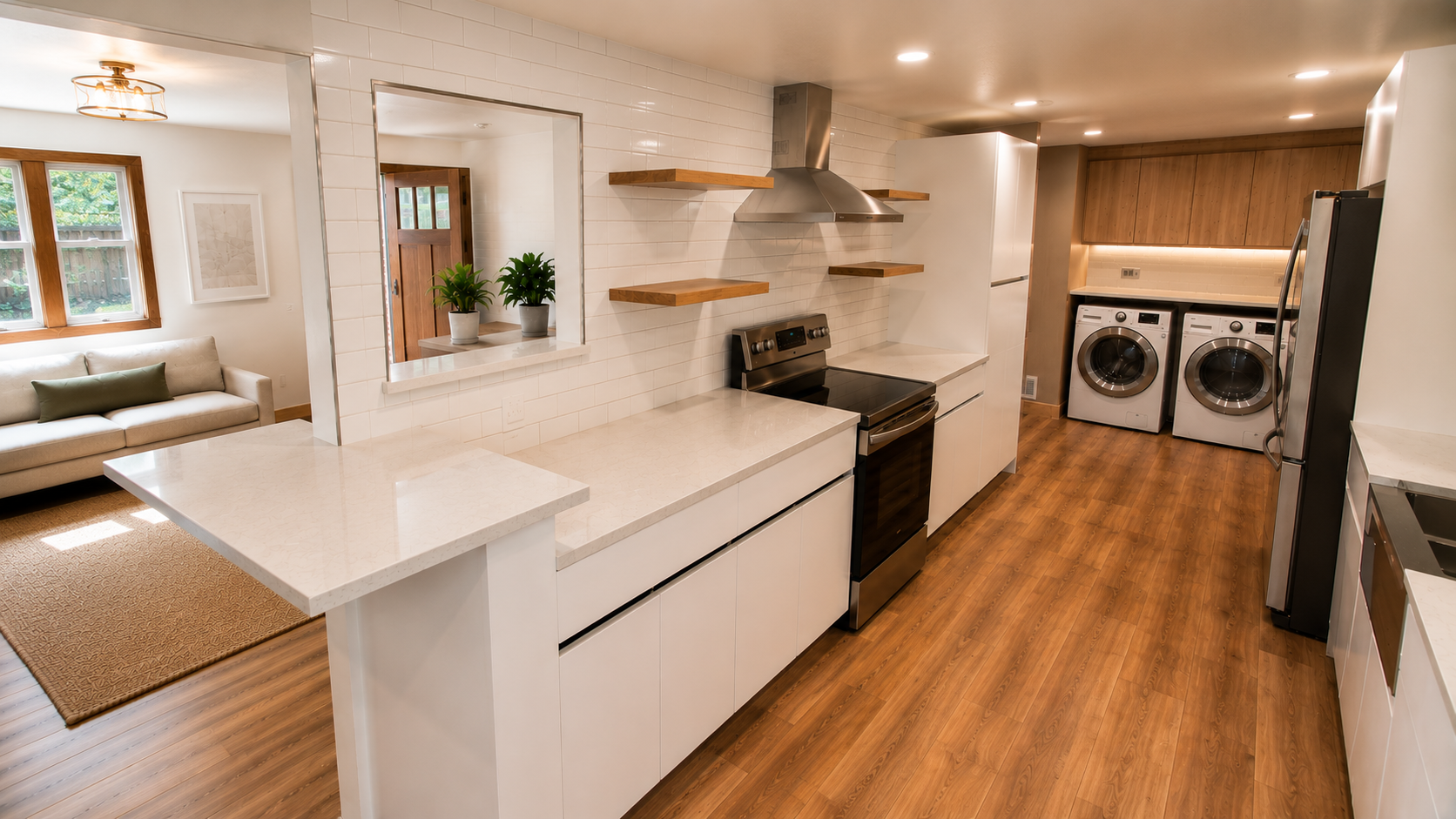Modern kitchen with white cabinets, wooden open shelves, stainless steel appliances, and a laundry area with washer and dryer in the background.