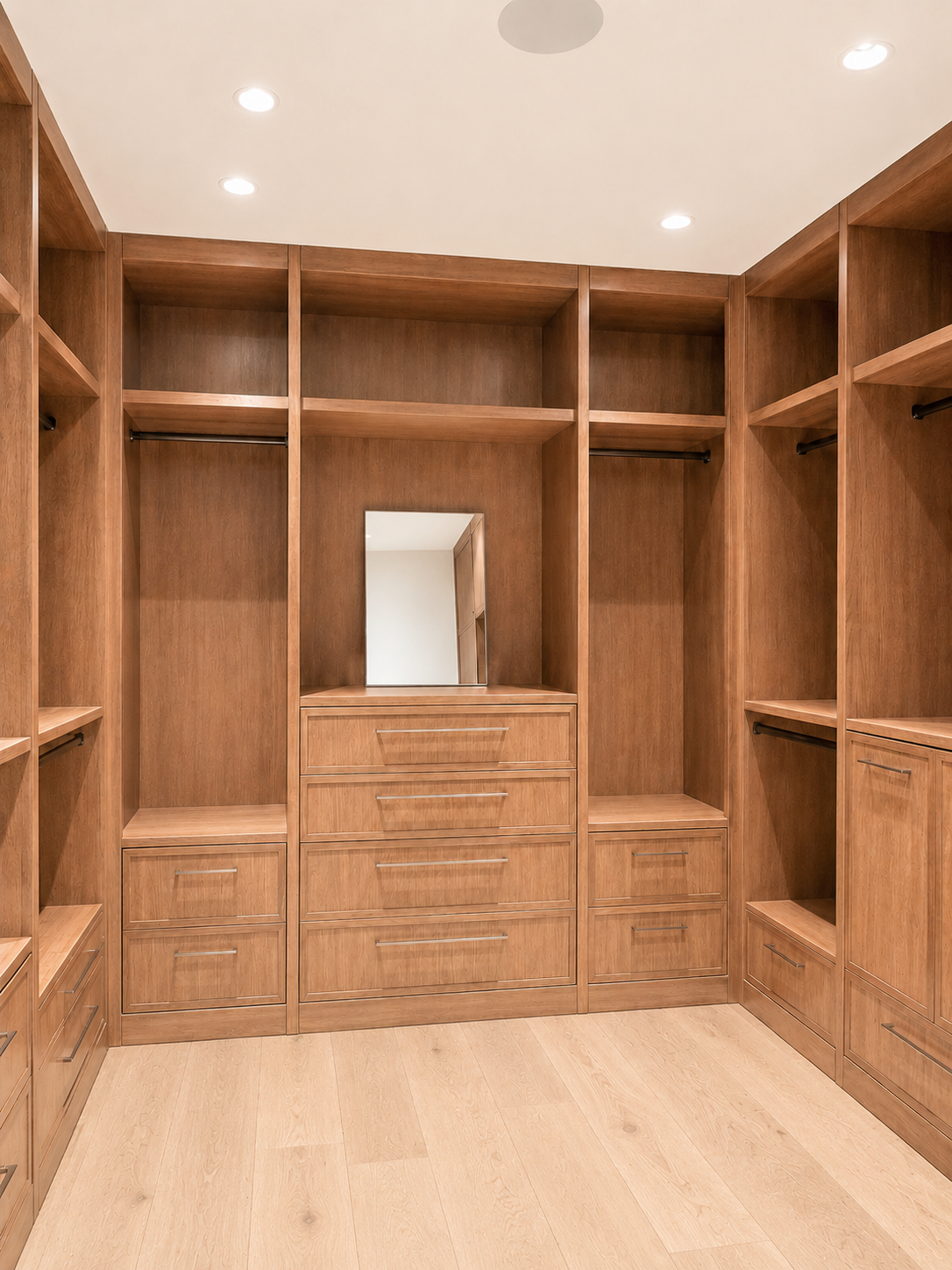 Empty walk-in closet with wooden shelves, drawers, and a small mirror on the back wall.