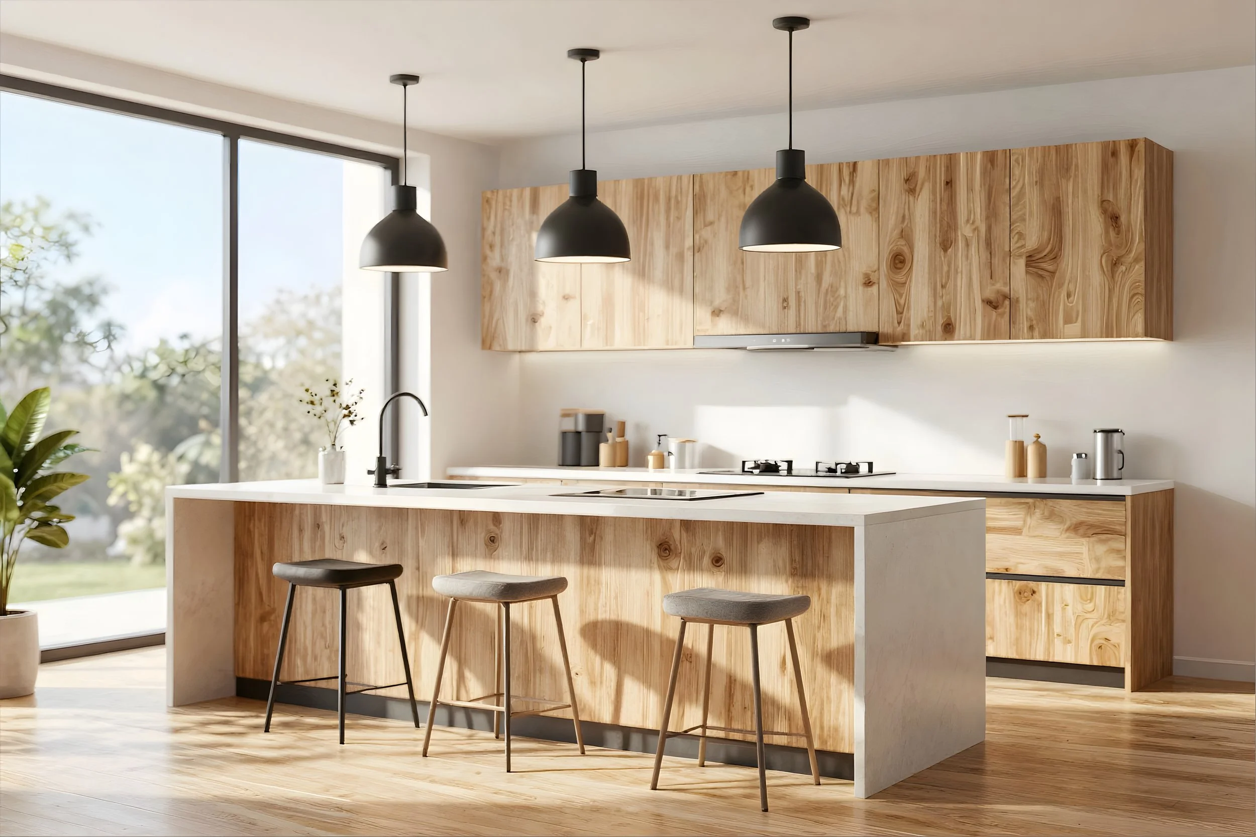 Modern kitchen with wooden cabinets, a white island, black pendant lights, and bar stools, with large windows showing trees outside.