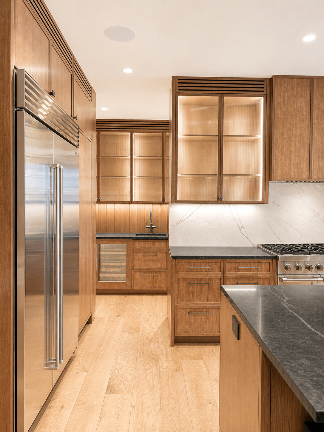 Modern kitchen with wooden cabinets, black countertop, stainless steel refrigerator, gas stove, marble backsplash, and under-cabinet lighting.
