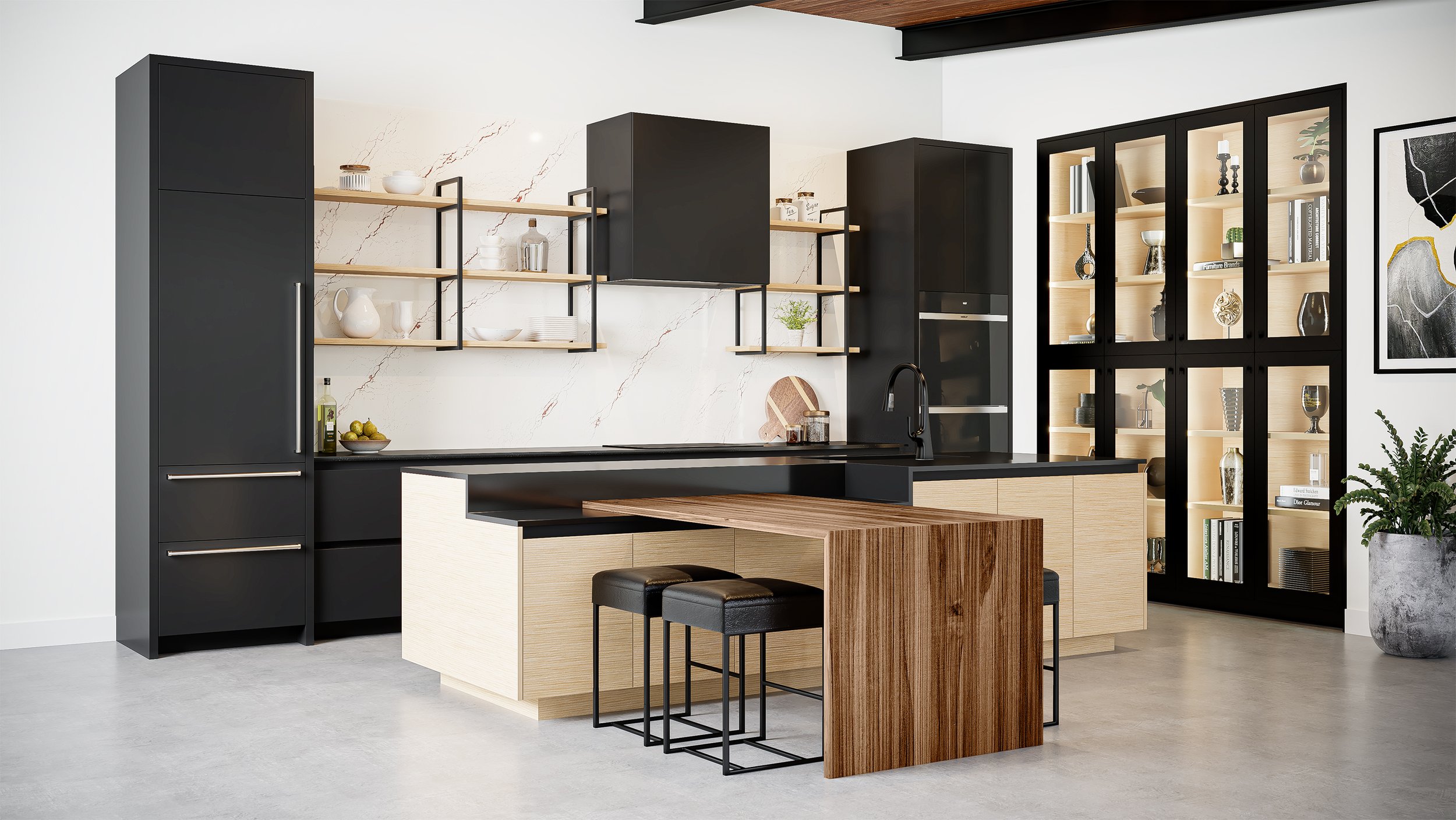 Modern kitchen with black cabinetry, open wooden shelves, a black and wood kitchen island, and a glass-front black cabinet filled with decorative items.