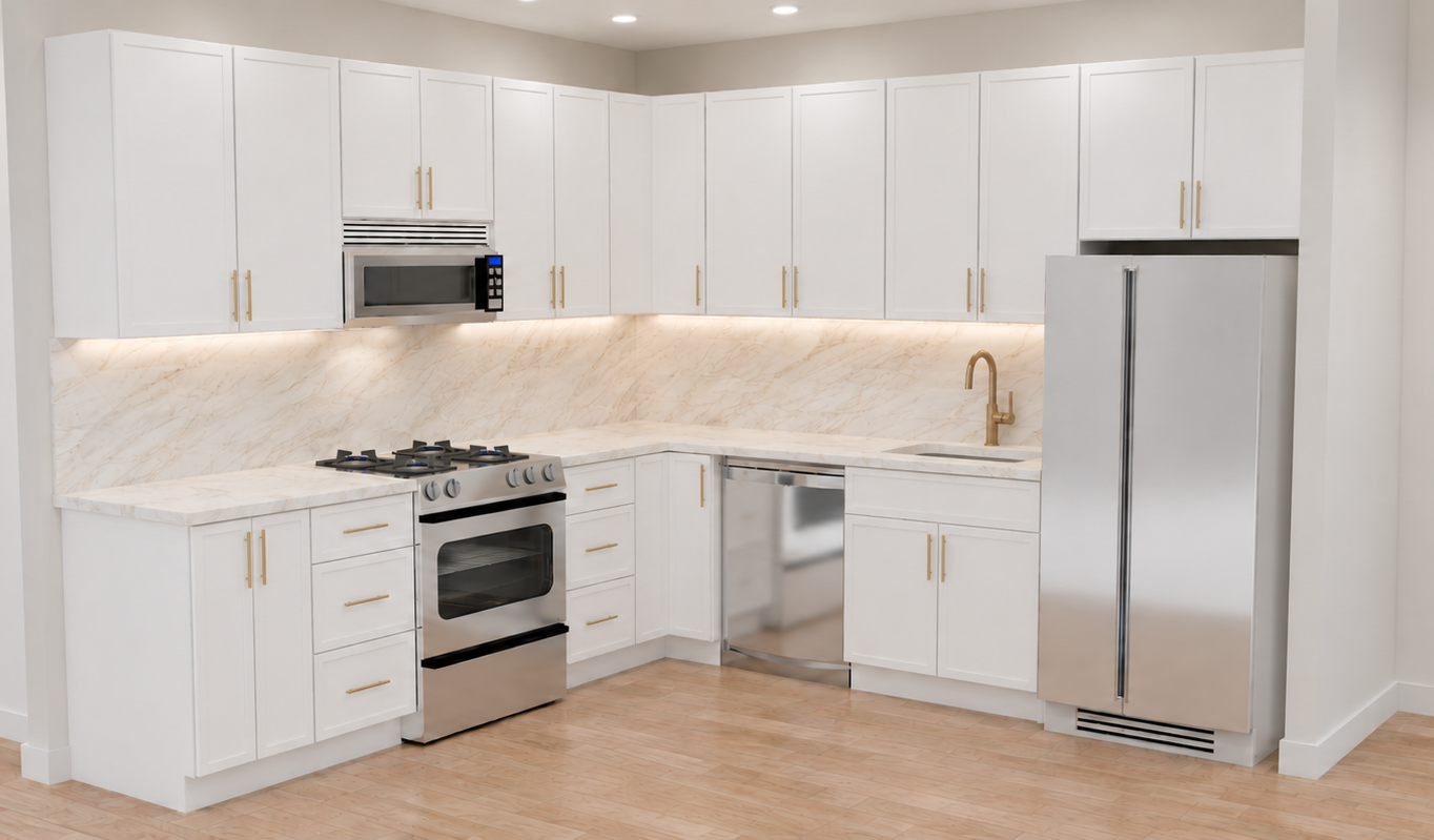 Modern kitchen with white cabinets, marble countertops, stainless steel appliances, and light wood flooring.