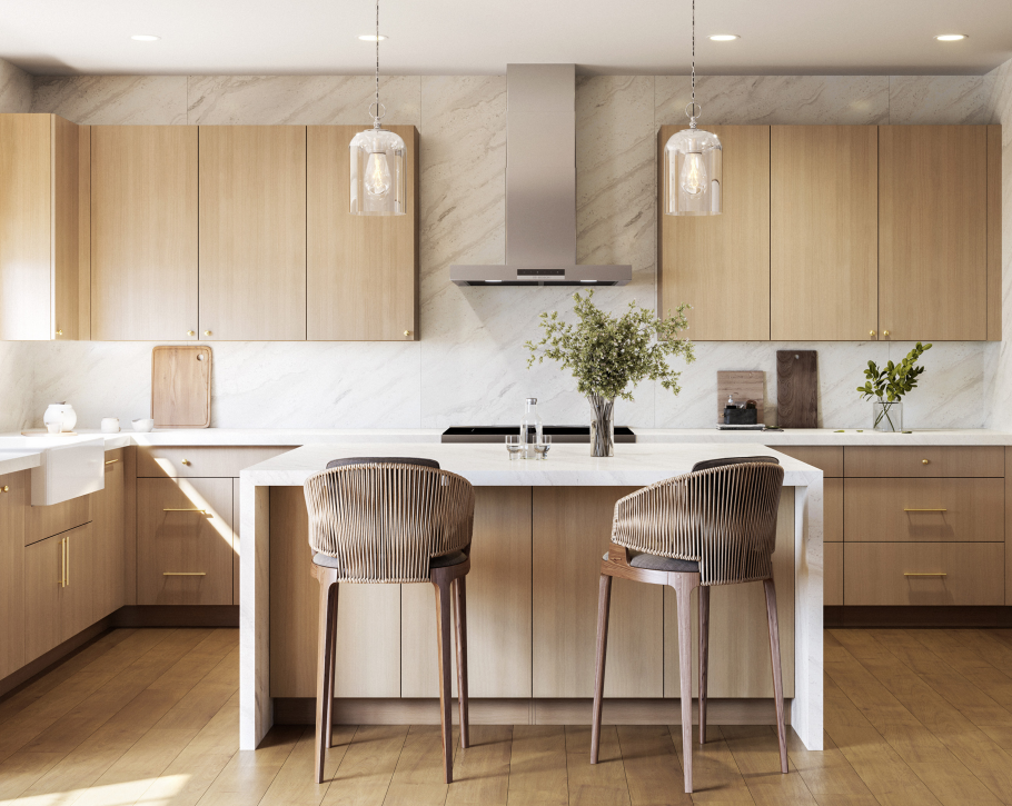 Modern kitchen with light wood cabinets, a marble backsplash, a central island with two bar stools, pendant lights, a stove with a range hood, and decorative plants.