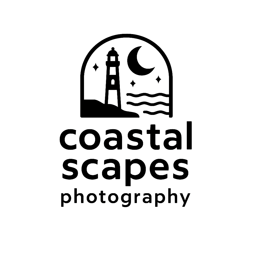 Logo for Coastal Scapes Photography featuring a lighthouse, a moon, stars, and waves in black and white.