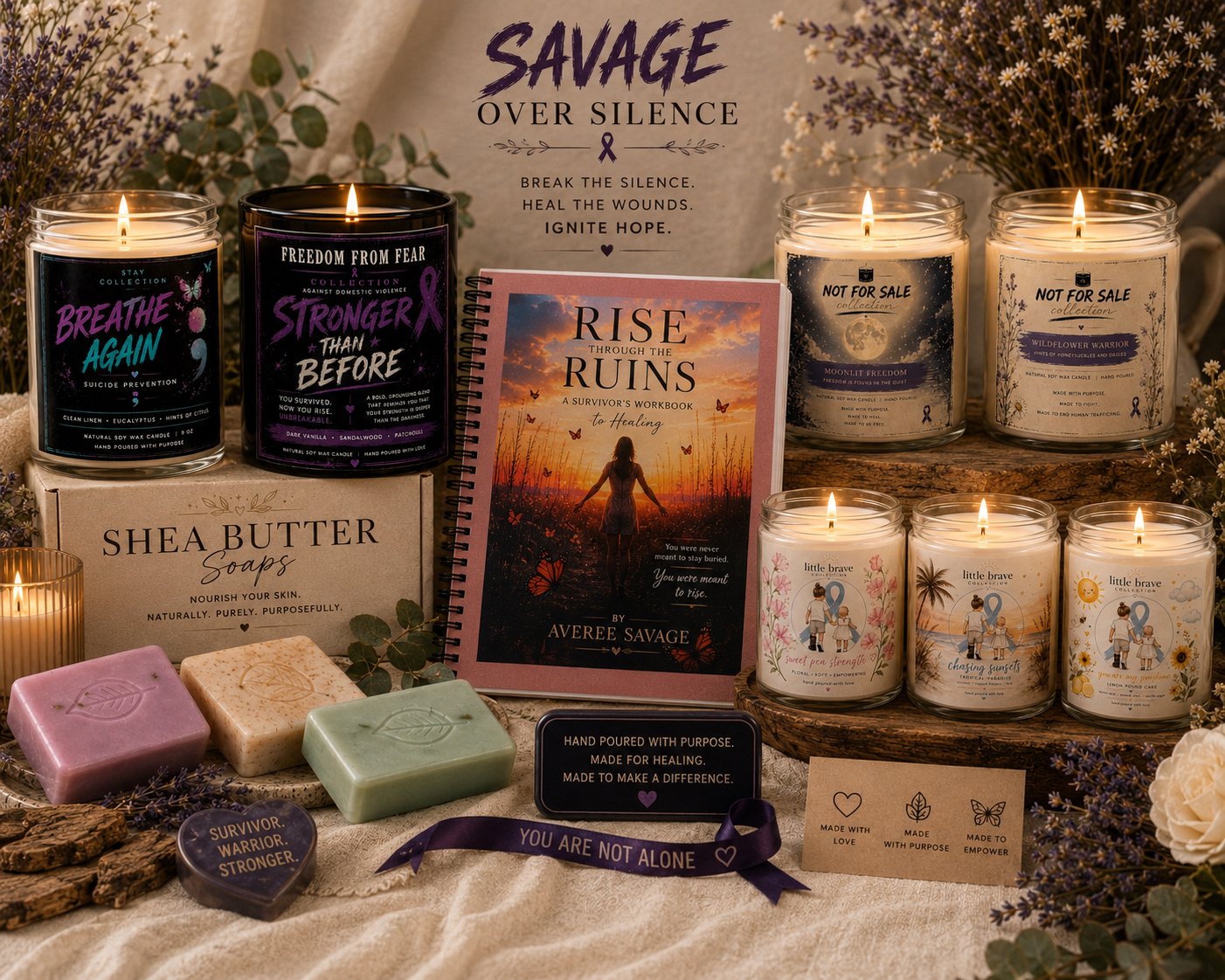 A collection of candles, soaps, and books arranged on a table, with signs and flowers, promoting themes of healing, strength, and support for survivors of domestic violence.