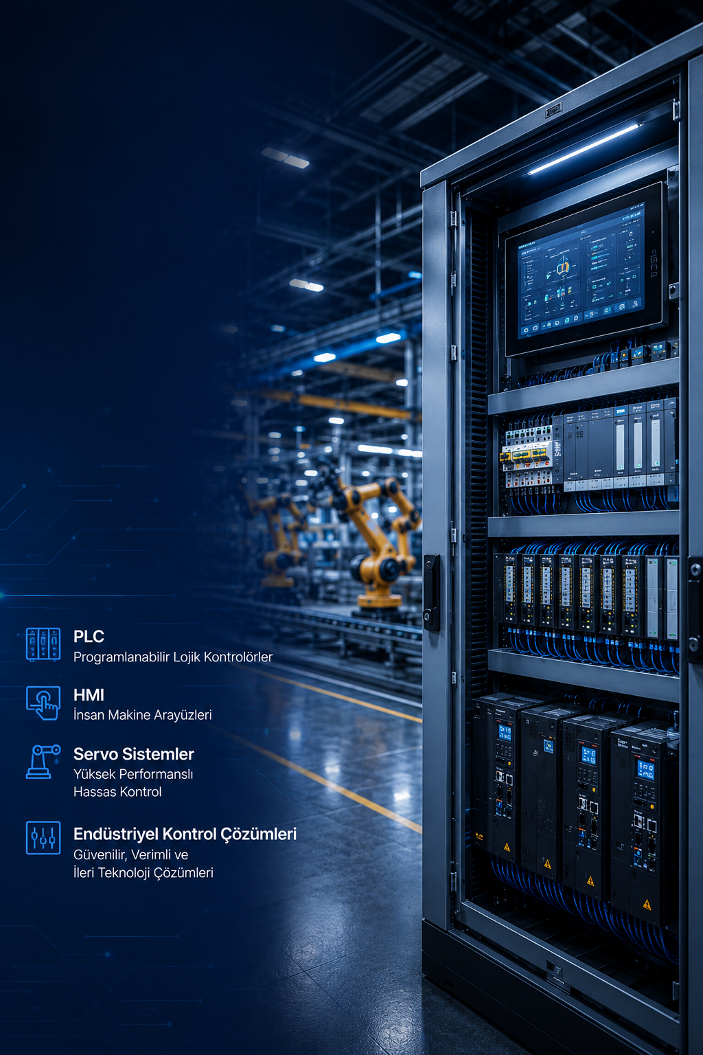 A data center with a server rack containing electronic control systems and robotic arms in the background. The image features text in Turkish describing programmable logic controllers (PLC), human-machine interfaces (HMI), servo systems, and industrial control solutions.