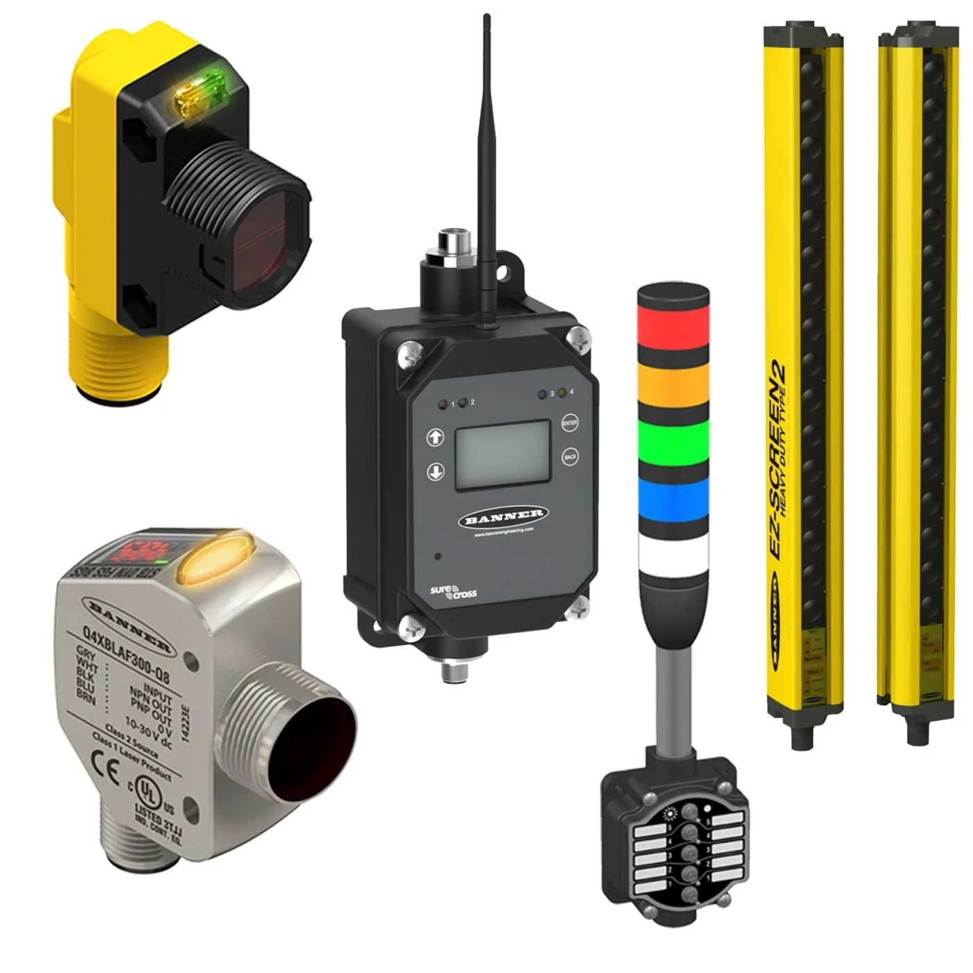 Various industrial sensors and equipment, including a sensor with a yellow and black casing, a wireless communication device, a color-coded signal stick, a cylindrical sensor, a pair of yellow-edged measuring tapes, and an industrial control device with a display.