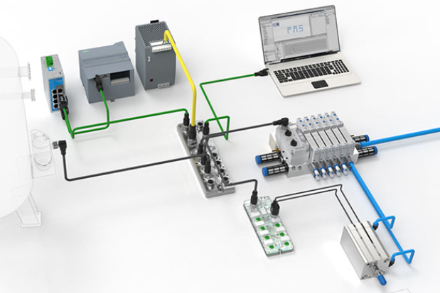 Laboratory setup with electronic equipment, a laptop, and connected pipes and tubes.